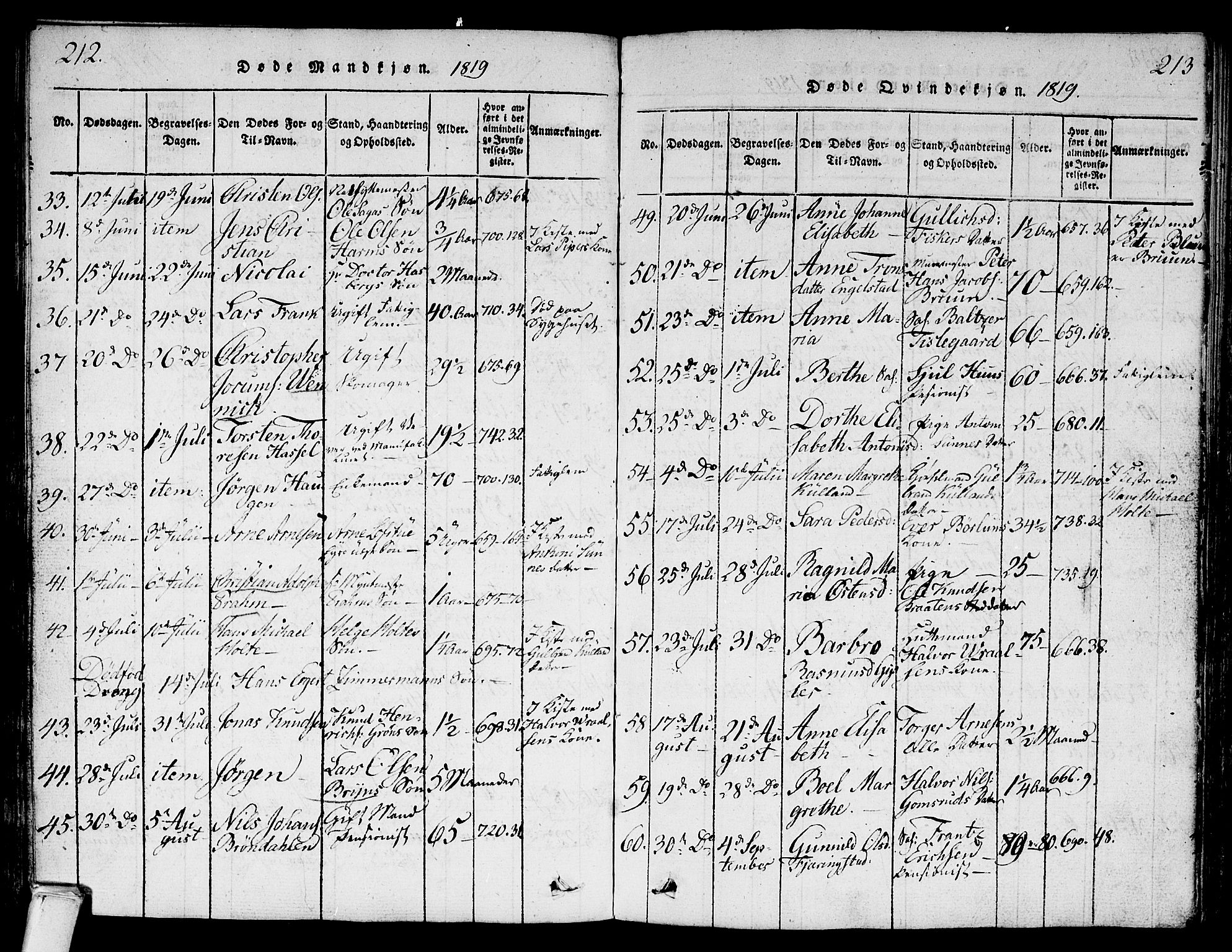 Kongsberg kirkebøker, AV/SAKO-A-22/G/Ga/L0001: Parish register (copy) no. 1, 1816-1839, p. 212-213