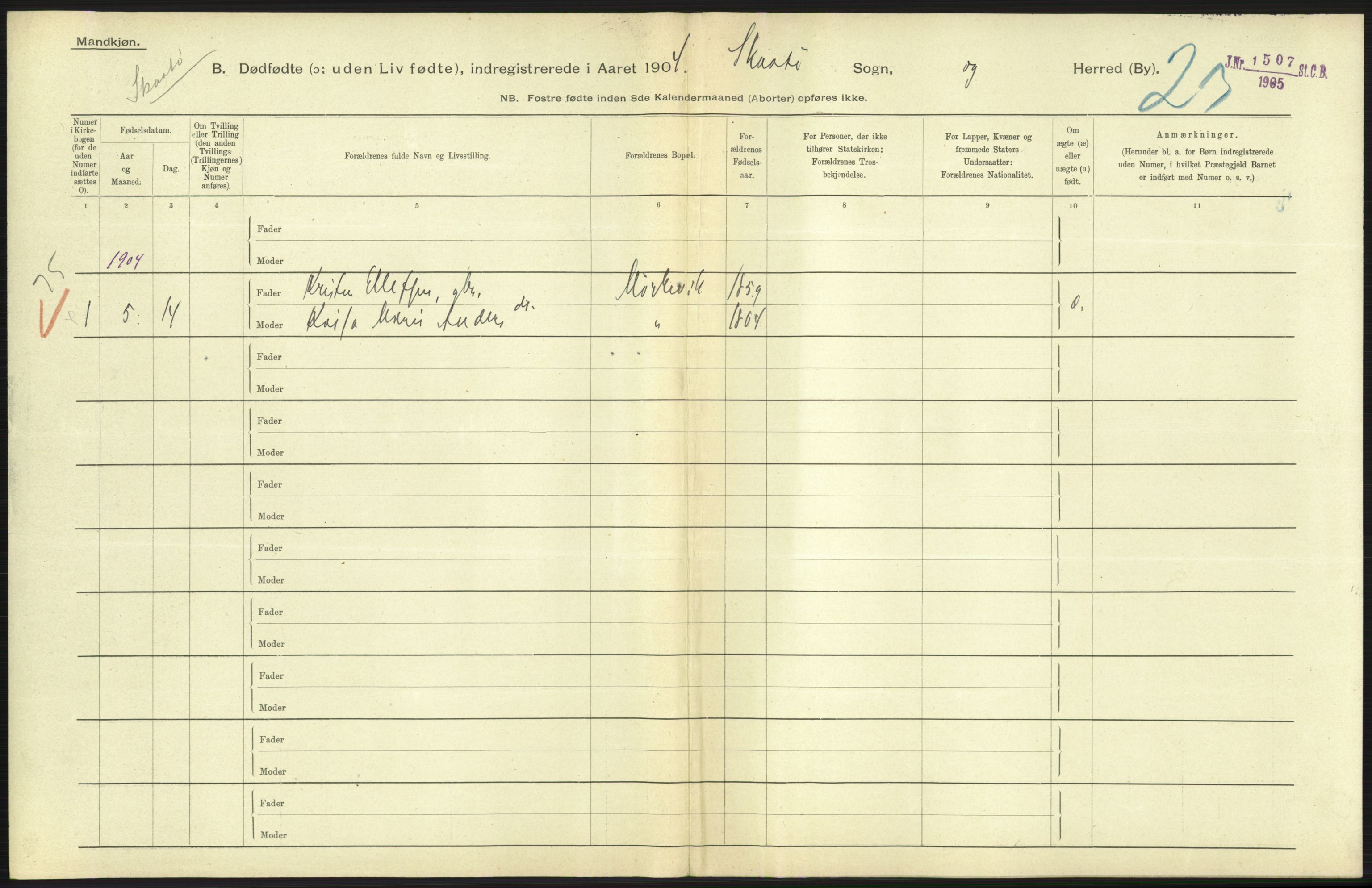 Statistisk sentralbyrå, Sosiodemografiske emner, Befolkning, RA/S-2228/D/Df/Dfa/Dfab/L0025: Smålenenes amt - Stavanger amt: Dødfødte. Bygder., 1904, p. 375