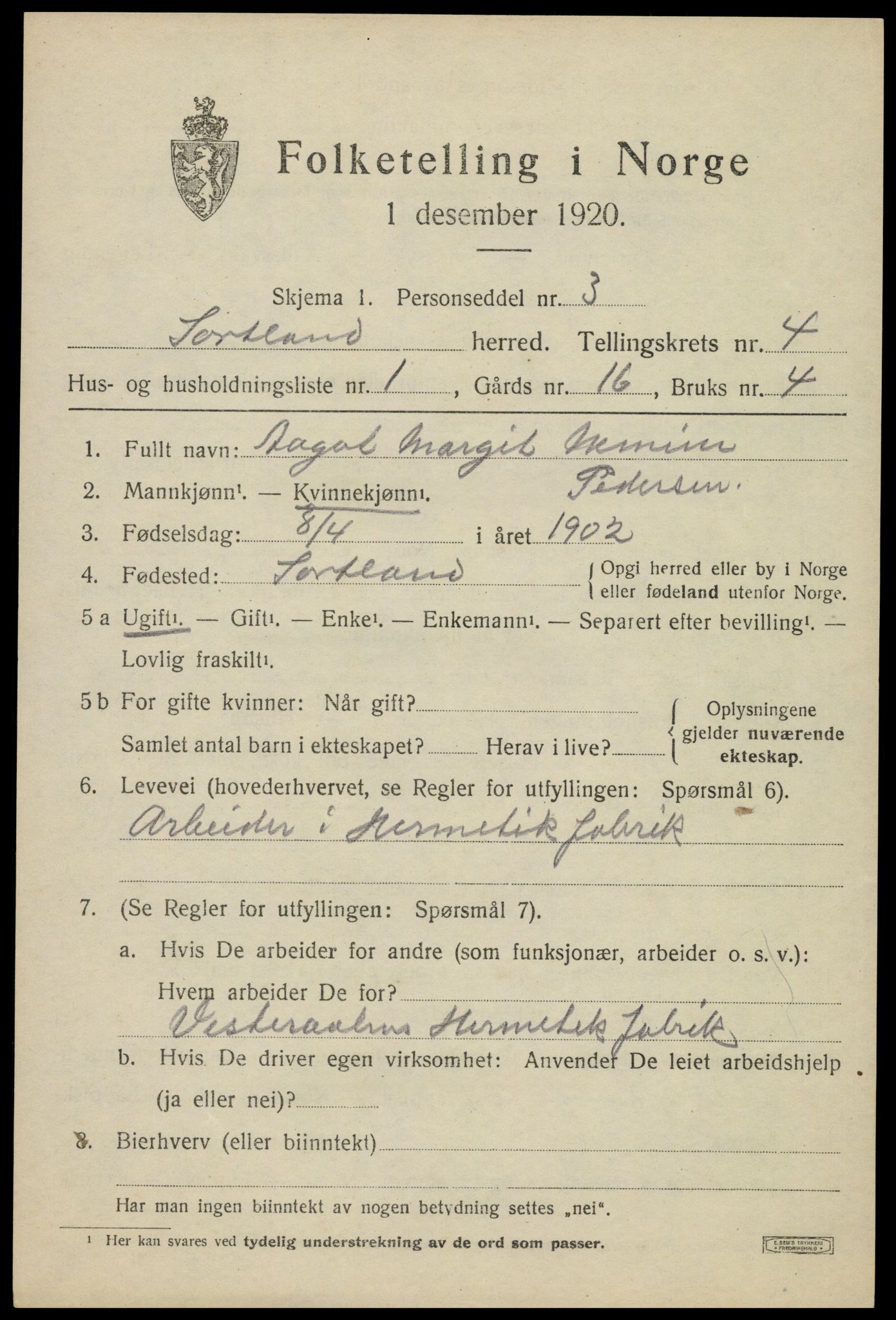 SAT, 1920 census for Sortland, 1920, p. 4830