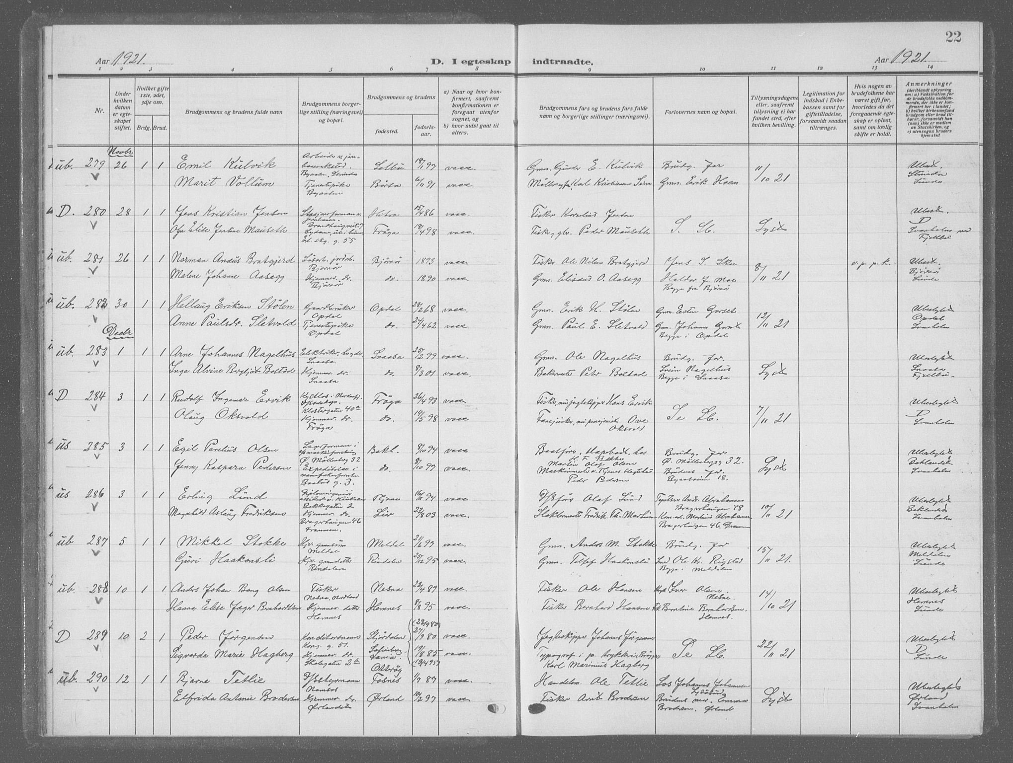 Ministerialprotokoller, klokkerbøker og fødselsregistre - Sør-Trøndelag, SAT/A-1456/601/L0098: Parish register (copy) no. 601C16, 1921-1934, p. 22