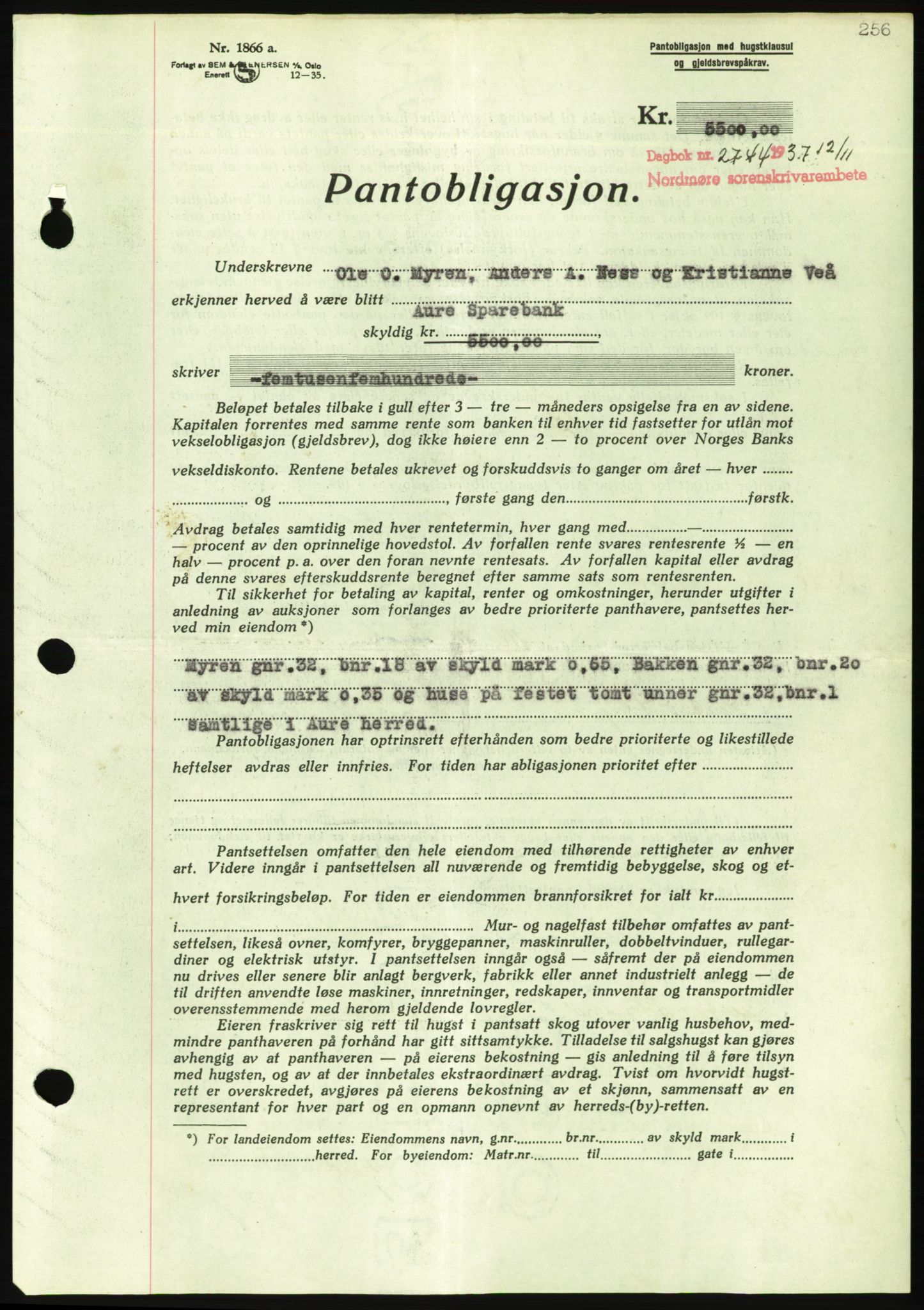 Nordmøre sorenskriveri, AV/SAT-A-4132/1/2/2Ca/L0092: Mortgage book no. B82, 1937-1938, Diary no: : 2744/1937