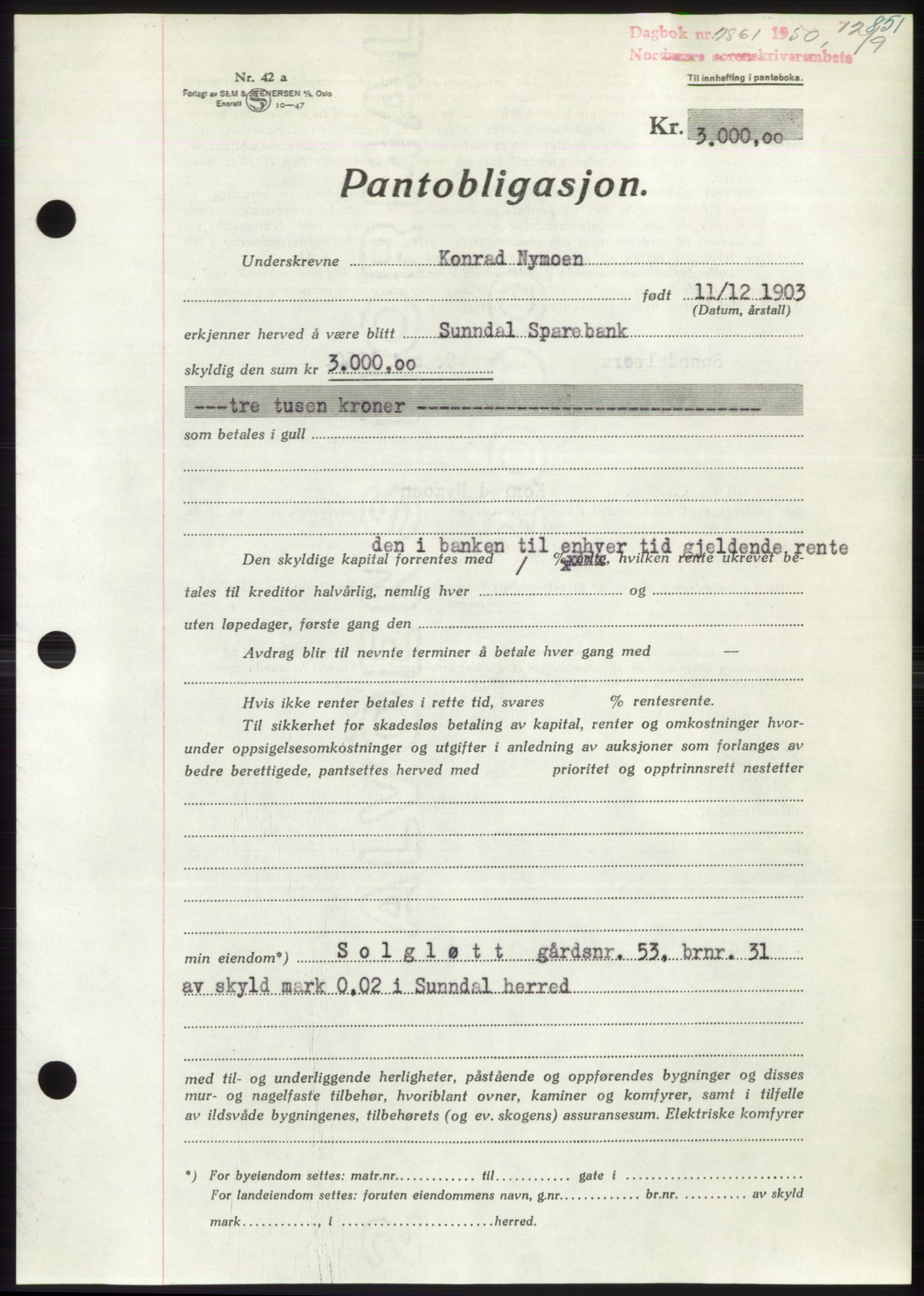 Nordmøre sorenskriveri, AV/SAT-A-4132/1/2/2Ca: Mortgage book no. B105, 1950-1950, Diary no: : 2861/1950