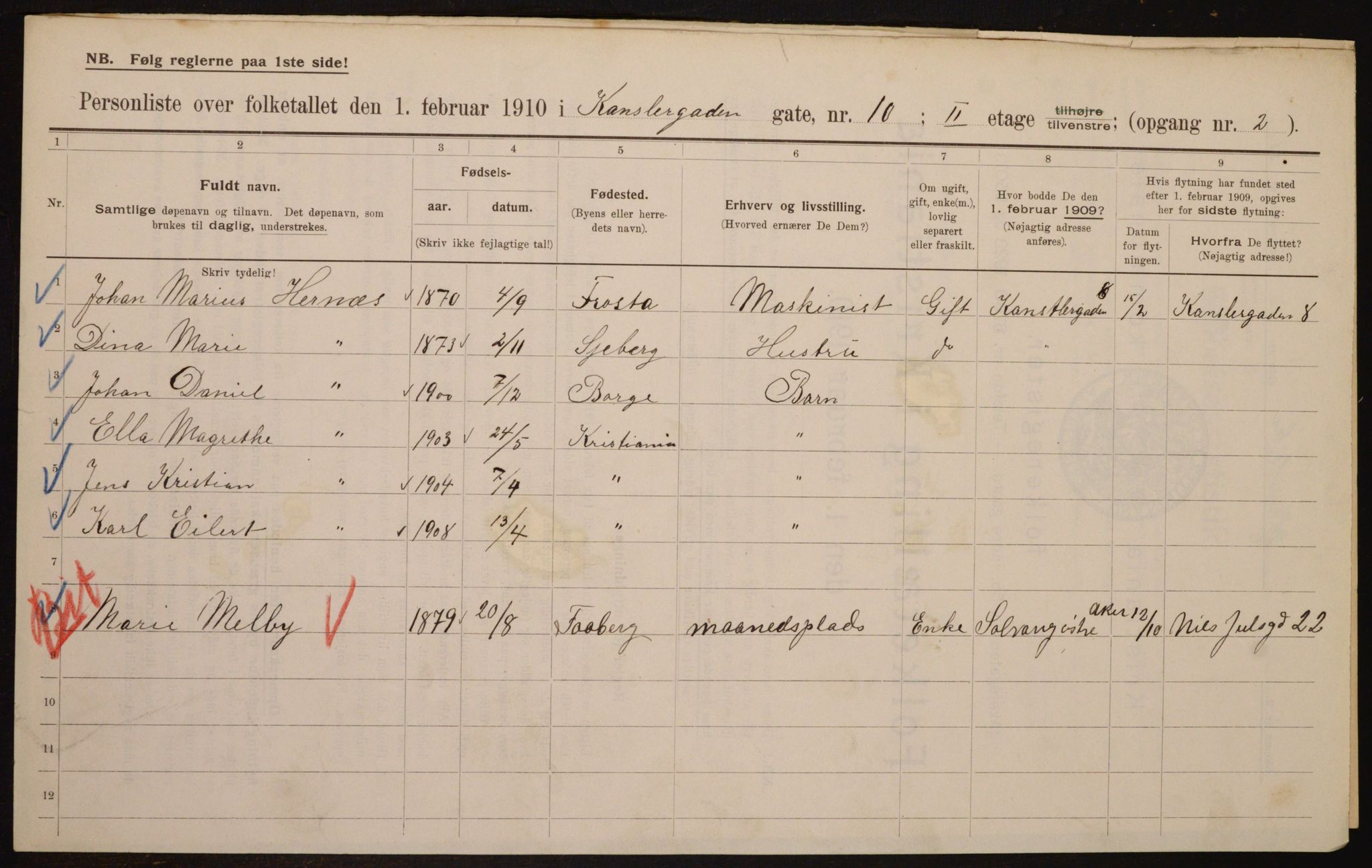 OBA, Municipal Census 1910 for Kristiania, 1910, p. 46729