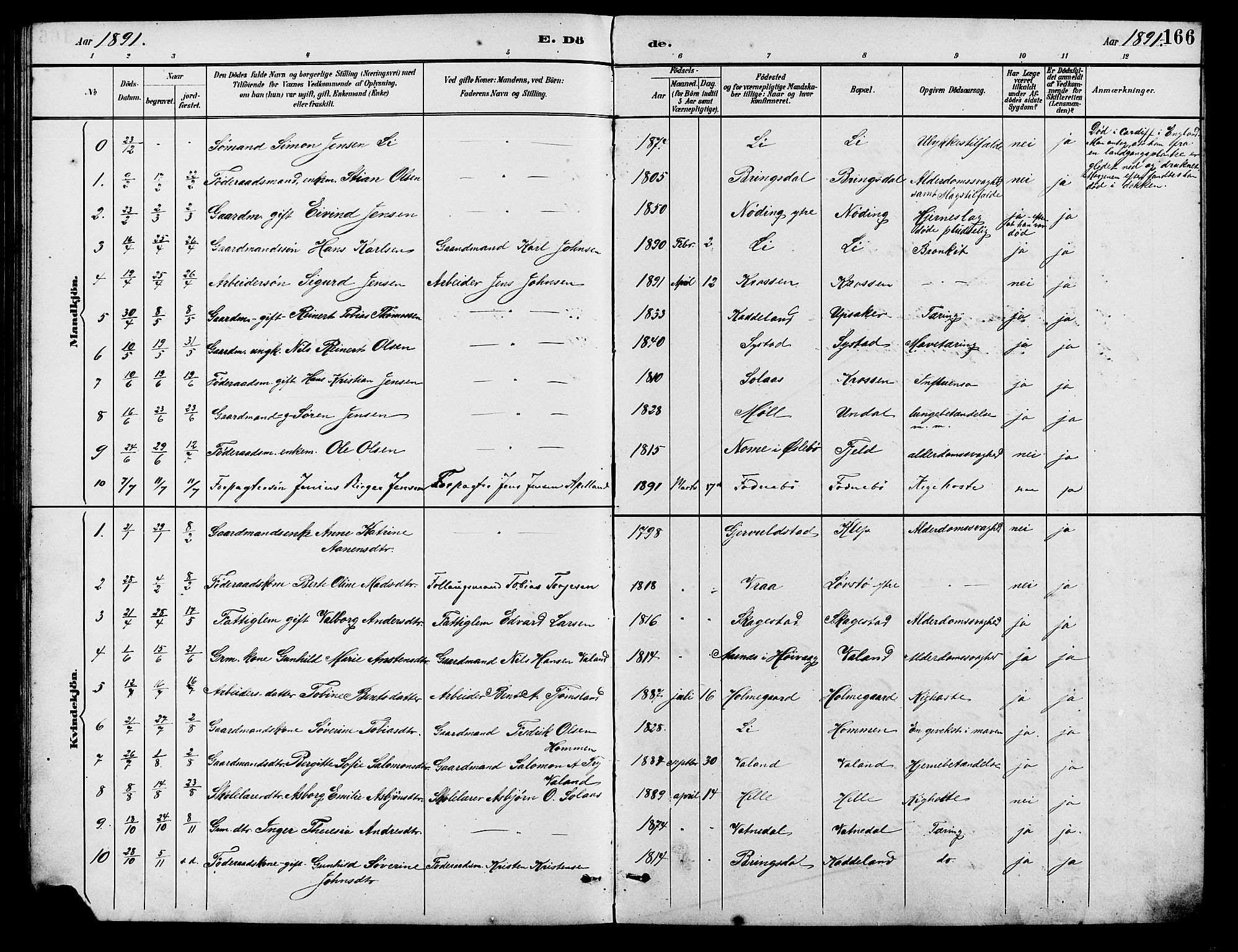 Holum sokneprestkontor, SAK/1111-0022/F/Fb/Fba/L0005: Parish register (copy) no. B 5, 1891-1909, p. 166