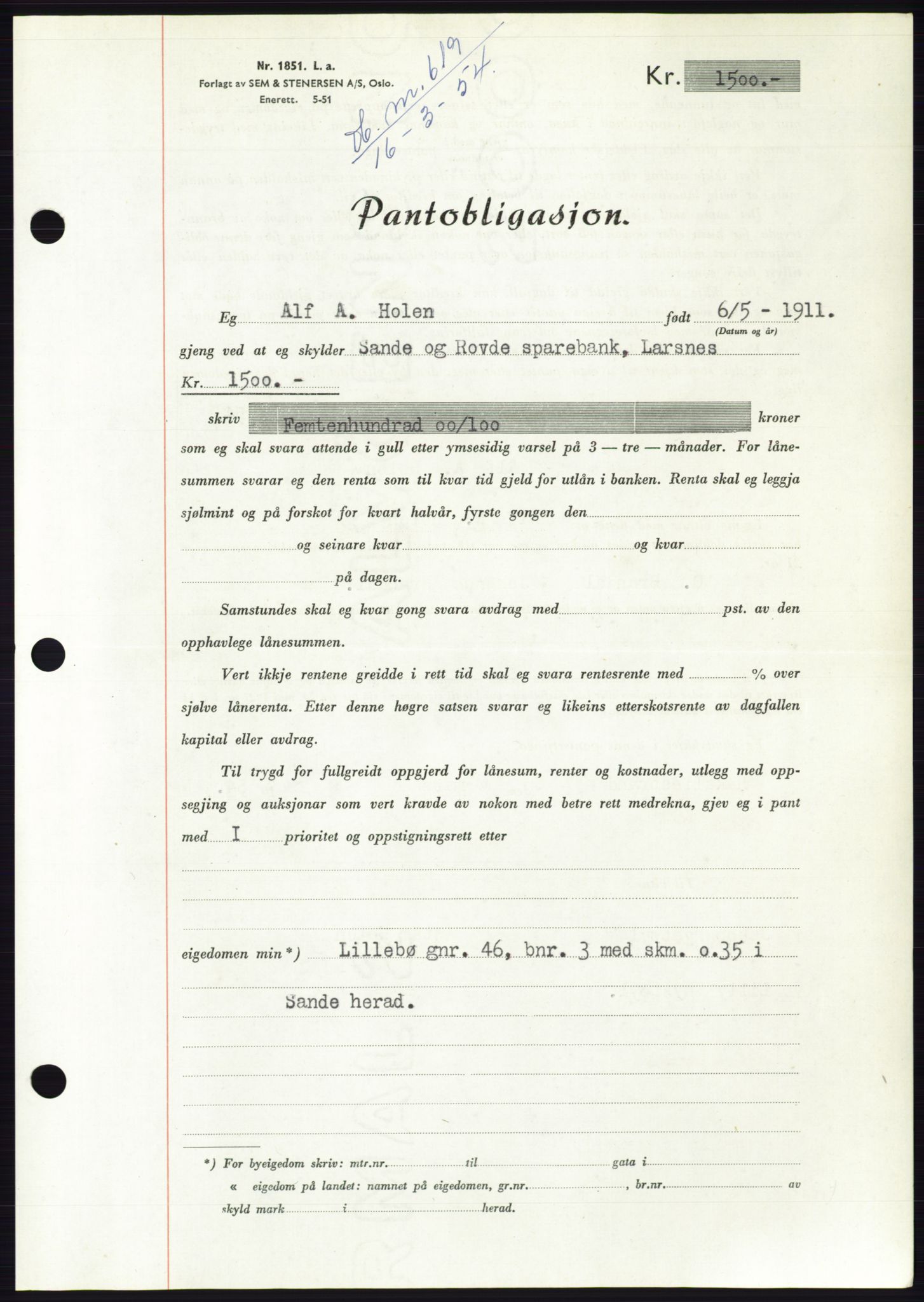 Søre Sunnmøre sorenskriveri, AV/SAT-A-4122/1/2/2C/L0124: Mortgage book no. 12B, 1953-1954, Diary no: : 619/1954