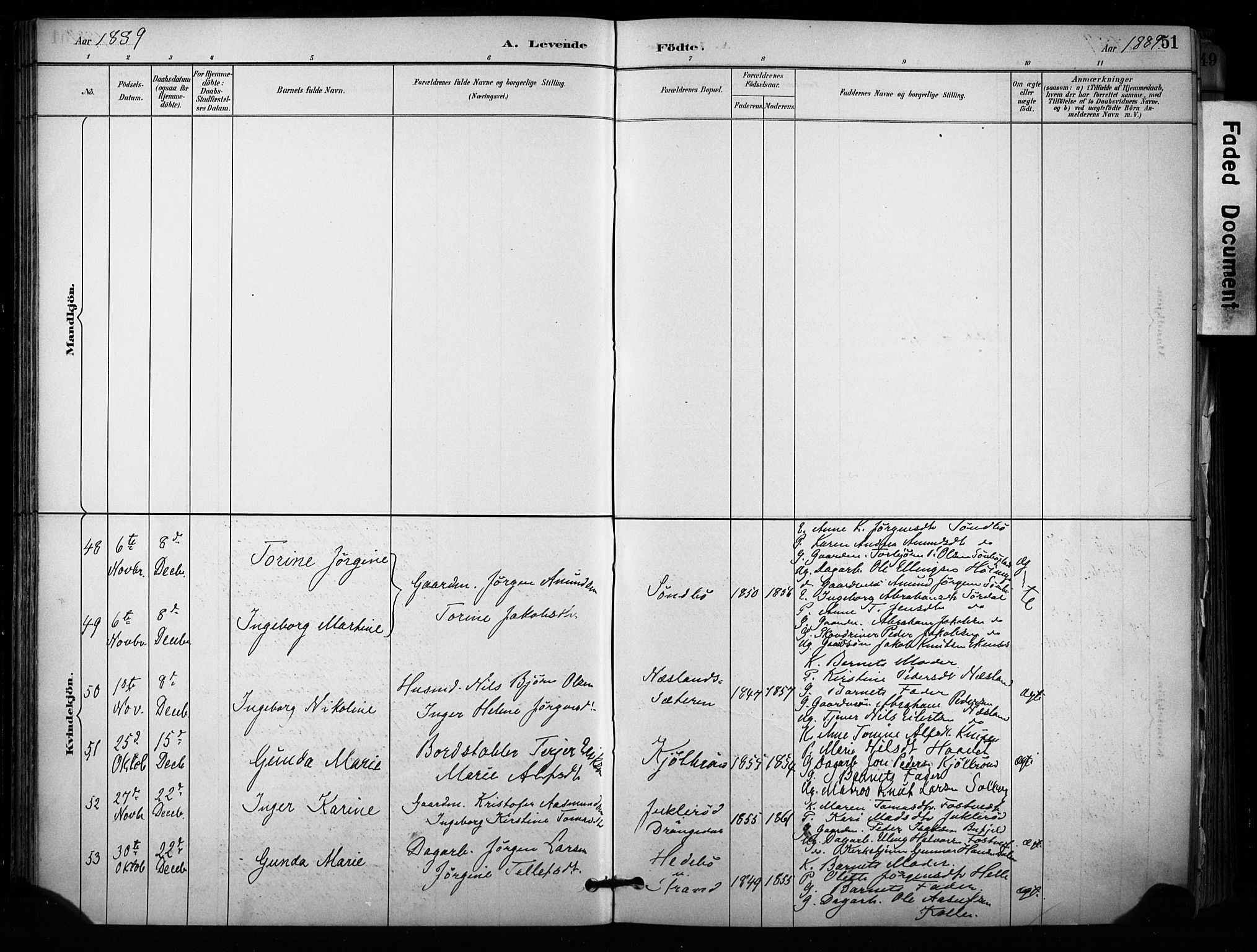 Sannidal kirkebøker, AV/SAKO-A-296/F/Fa/L0015: Parish register (official) no. 15, 1884-1899, p. 51