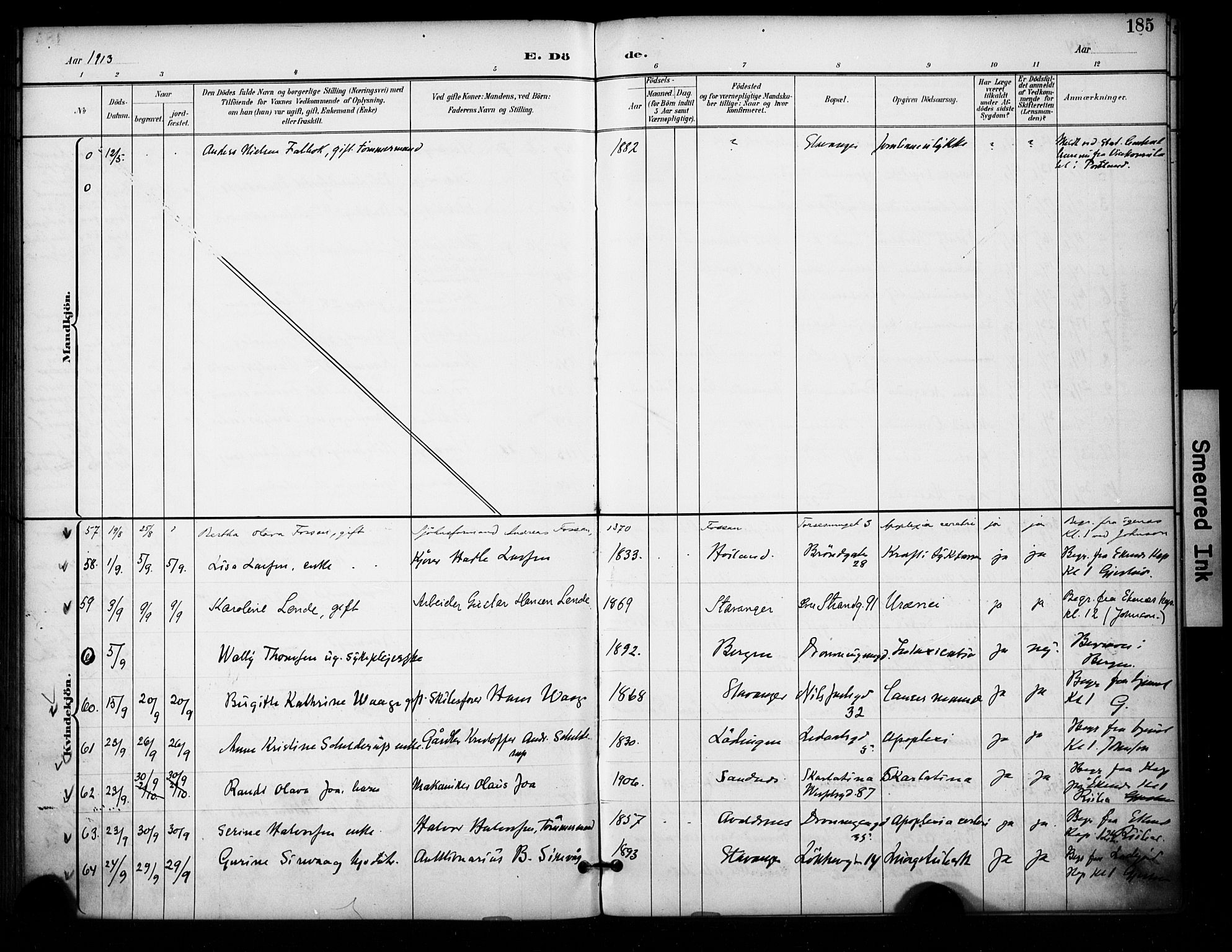 Domkirken sokneprestkontor, AV/SAST-A-101812/001/30/30BA/L0032: Parish register (official) no. A 31, 1896-1917, p. 185