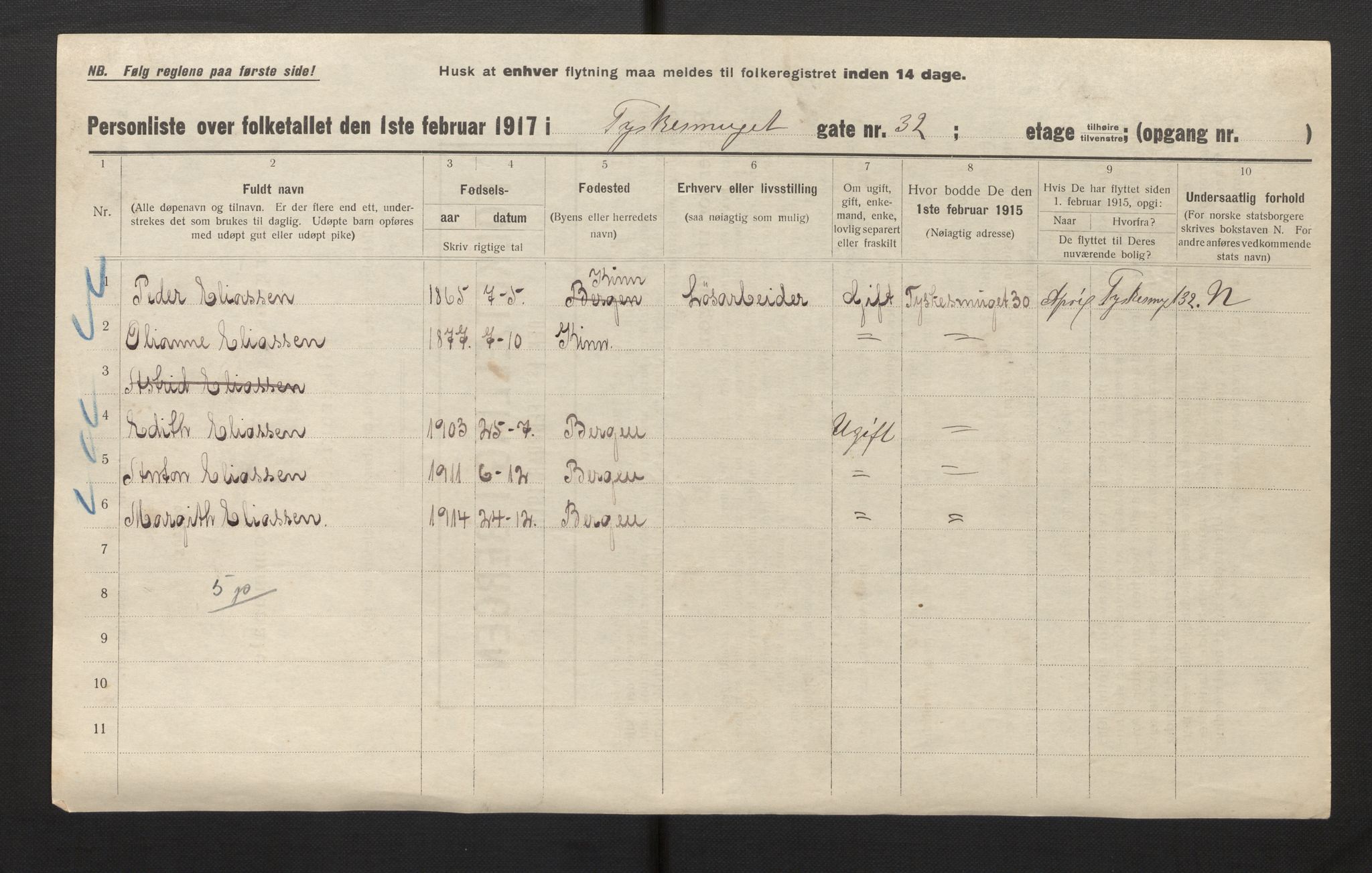 SAB, Municipal Census 1917 for Bergen, 1917, p. 43441