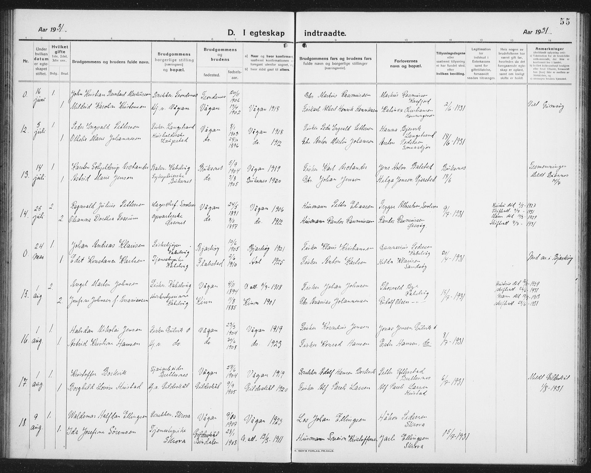 Ministerialprotokoller, klokkerbøker og fødselsregistre - Nordland, AV/SAT-A-1459/874/L1082: Parish register (copy) no. 874C11, 1920-1939, p. 55