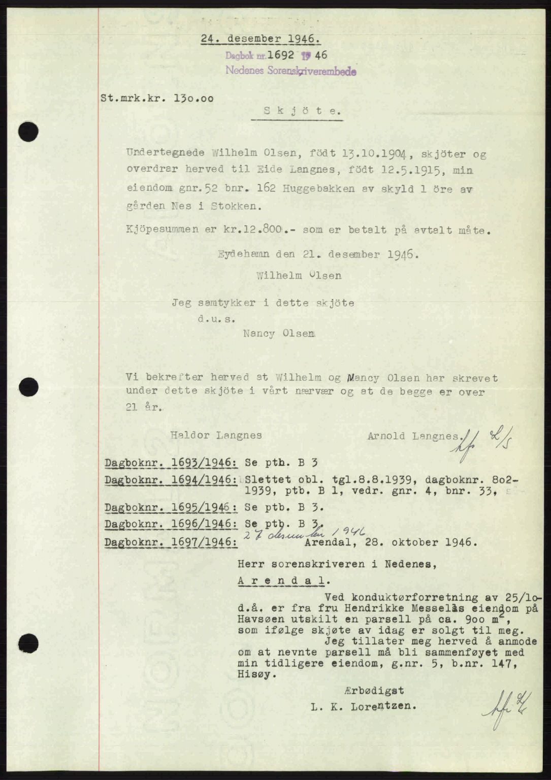 Nedenes sorenskriveri, SAK/1221-0006/G/Gb/Gba/L0056: Mortgage book no. A8, 1946-1947, Diary no: : 1692/1946