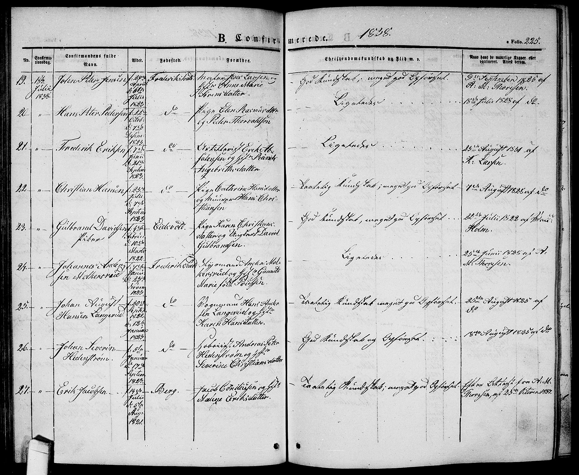 Halden prestekontor Kirkebøker, AV/SAO-A-10909/G/Ga/L0003: Parish register (copy) no. 3, 1834-1844, p. 225