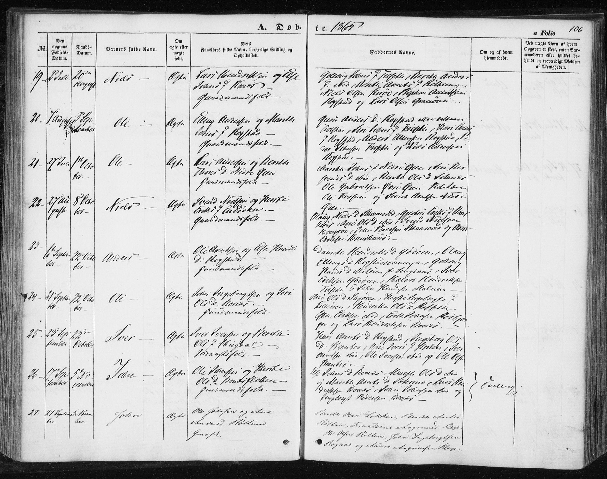 Ministerialprotokoller, klokkerbøker og fødselsregistre - Sør-Trøndelag, AV/SAT-A-1456/687/L1000: Parish register (official) no. 687A06, 1848-1869, p. 106