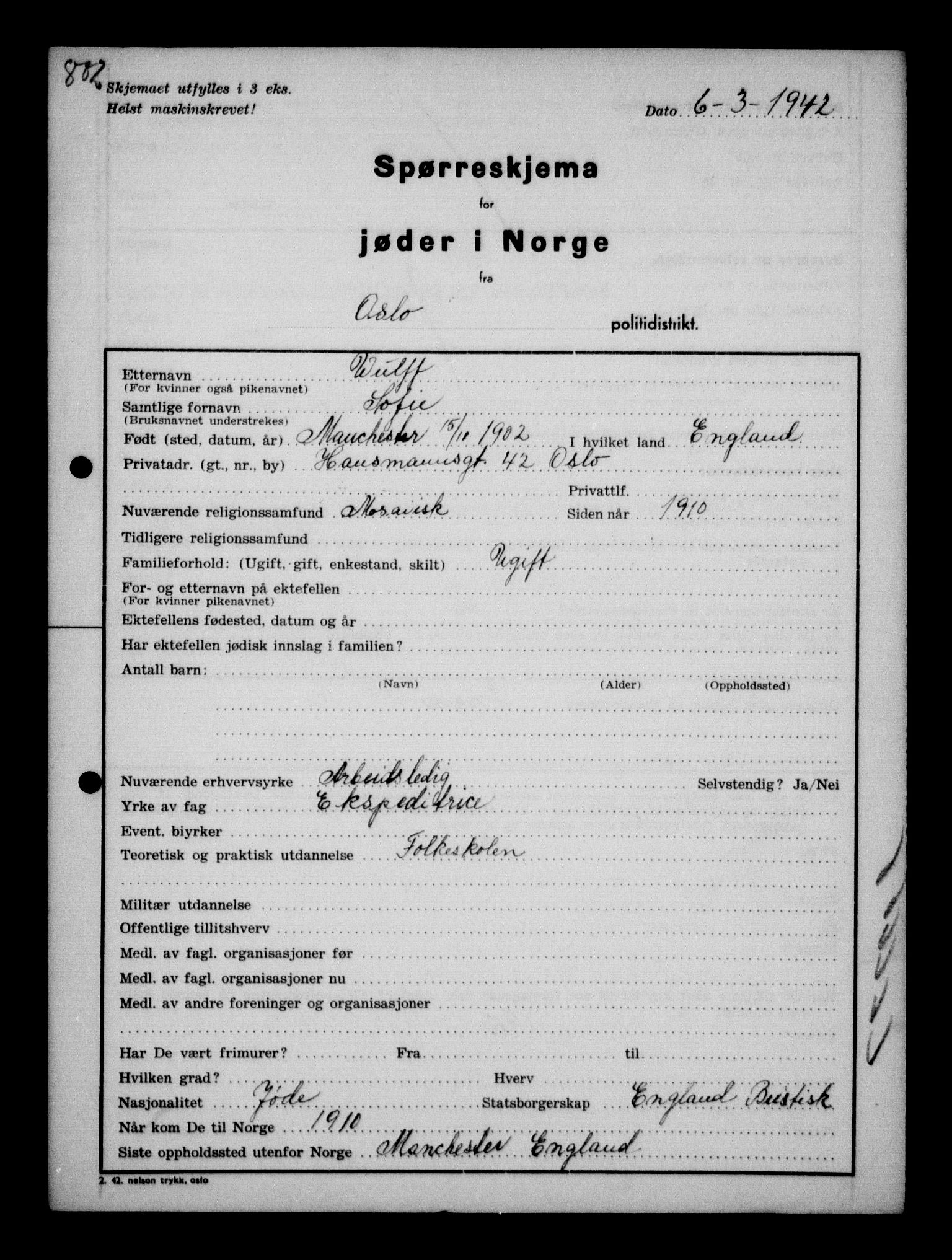 Statspolitiet - Hovedkontoret / Osloavdelingen, AV/RA-S-1329/G/Ga/L0011: Spørreskjema for jøder i Norge. 1: Oslo 610-806 (Plavnik-Zwillinger). 2: Aker 1-113 (Adler-Lewin). , 1942, p. 572