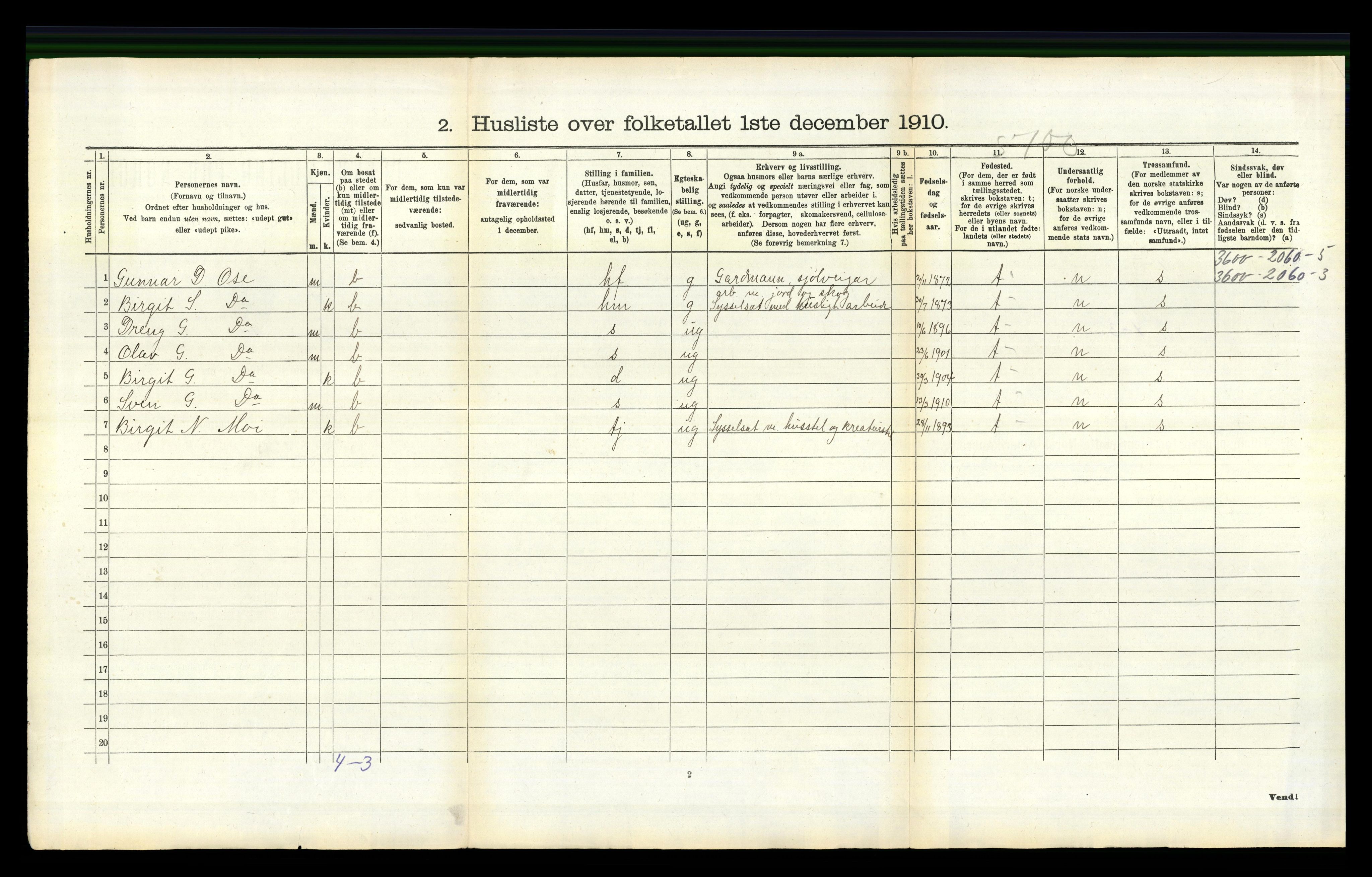 RA, 1910 census for Bygland, 1910, p. 584