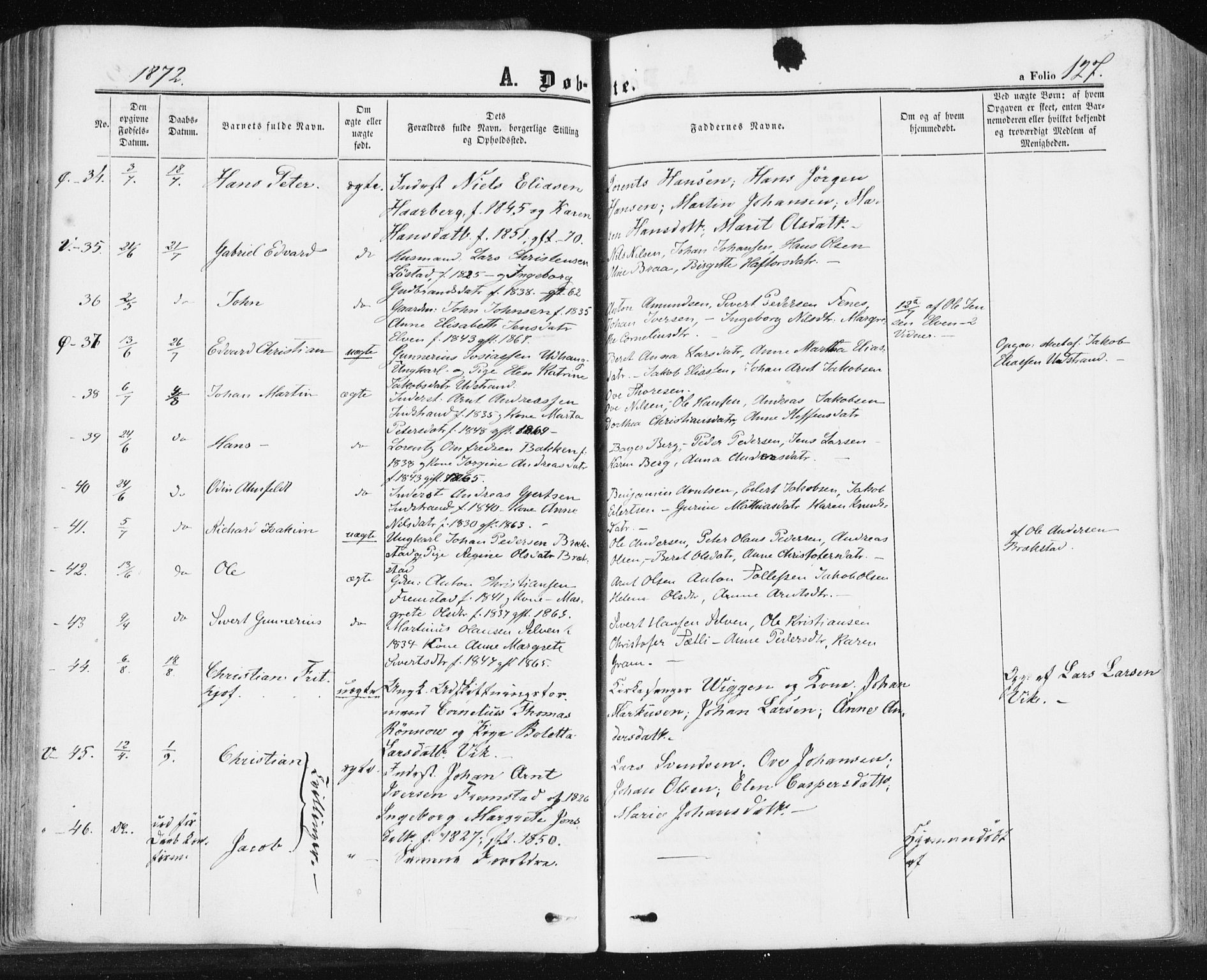 Ministerialprotokoller, klokkerbøker og fødselsregistre - Sør-Trøndelag, AV/SAT-A-1456/659/L0737: Parish register (official) no. 659A07, 1857-1875, p. 127