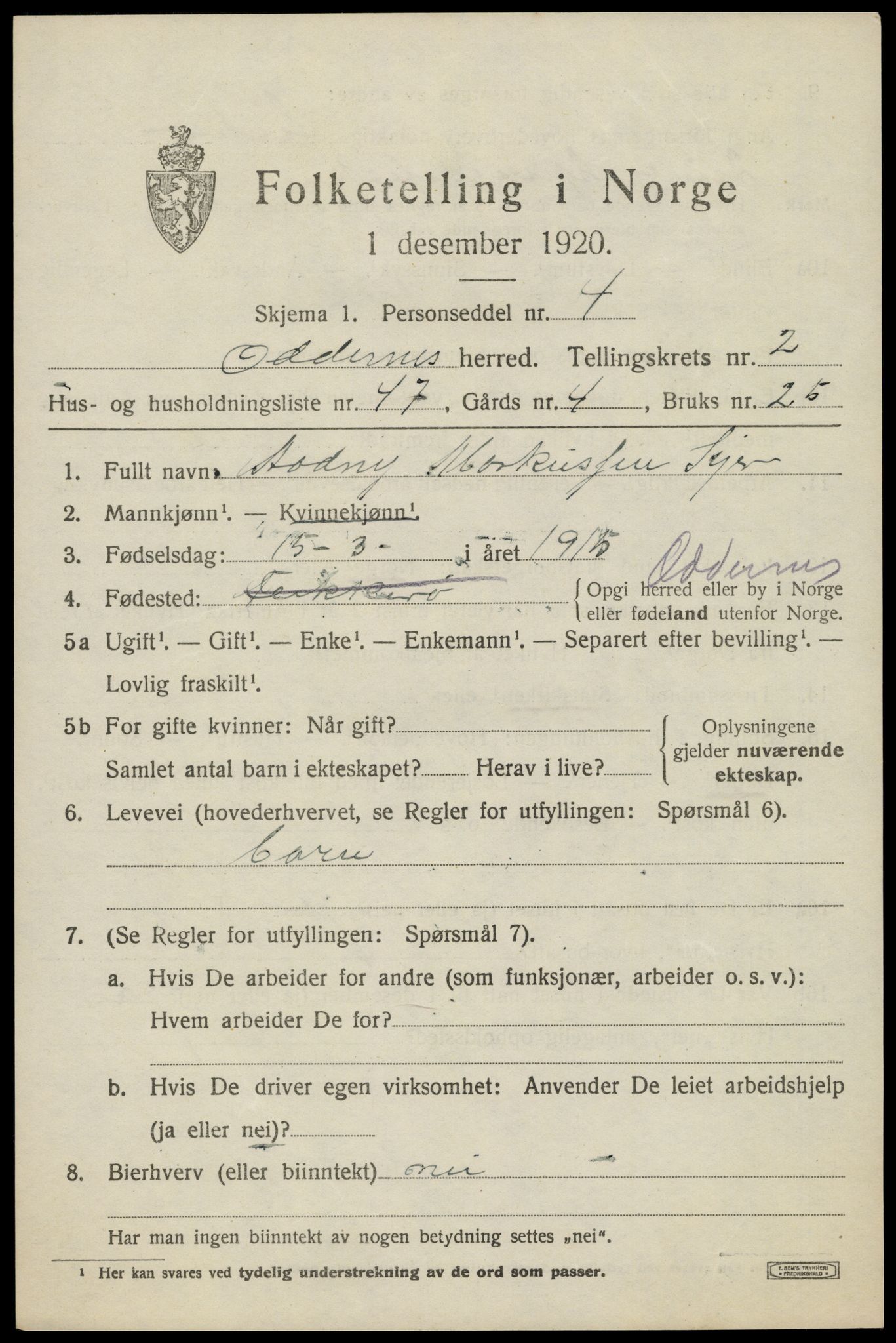 SAK, 1920 census for Oddernes, 1920, p. 3309