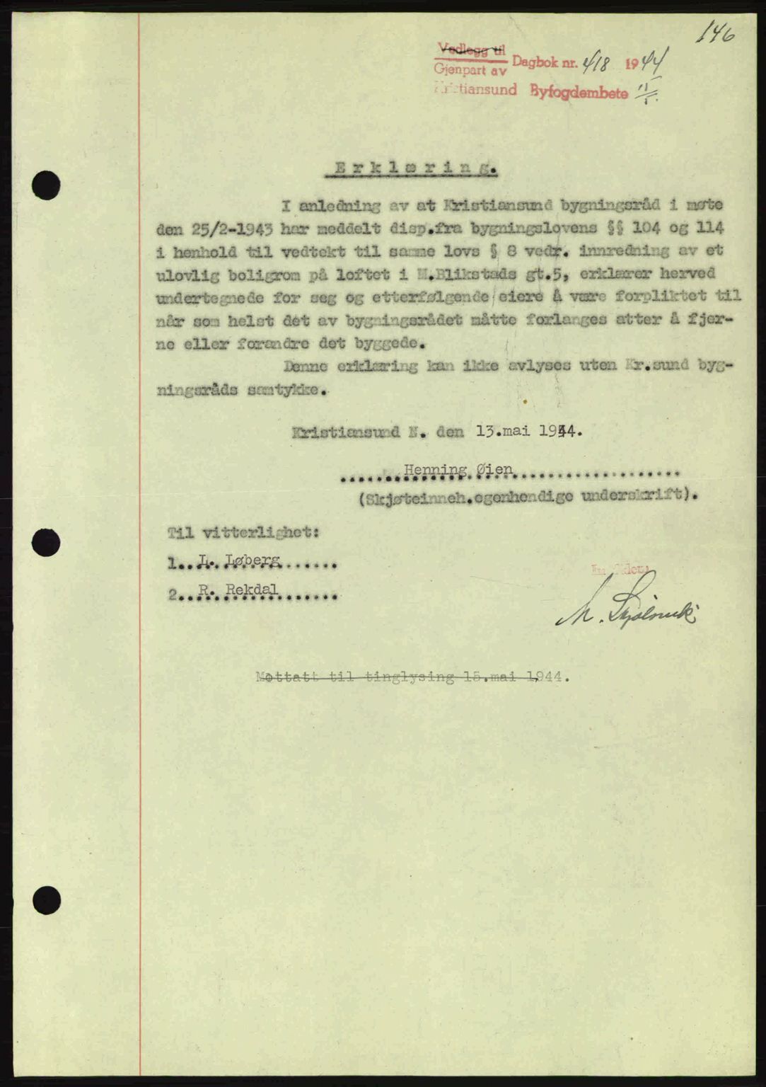 Kristiansund byfogd, SAT/A-4587/A/27: Mortgage book no. 37-38, 1943-1945, Diary no: : 418/1944