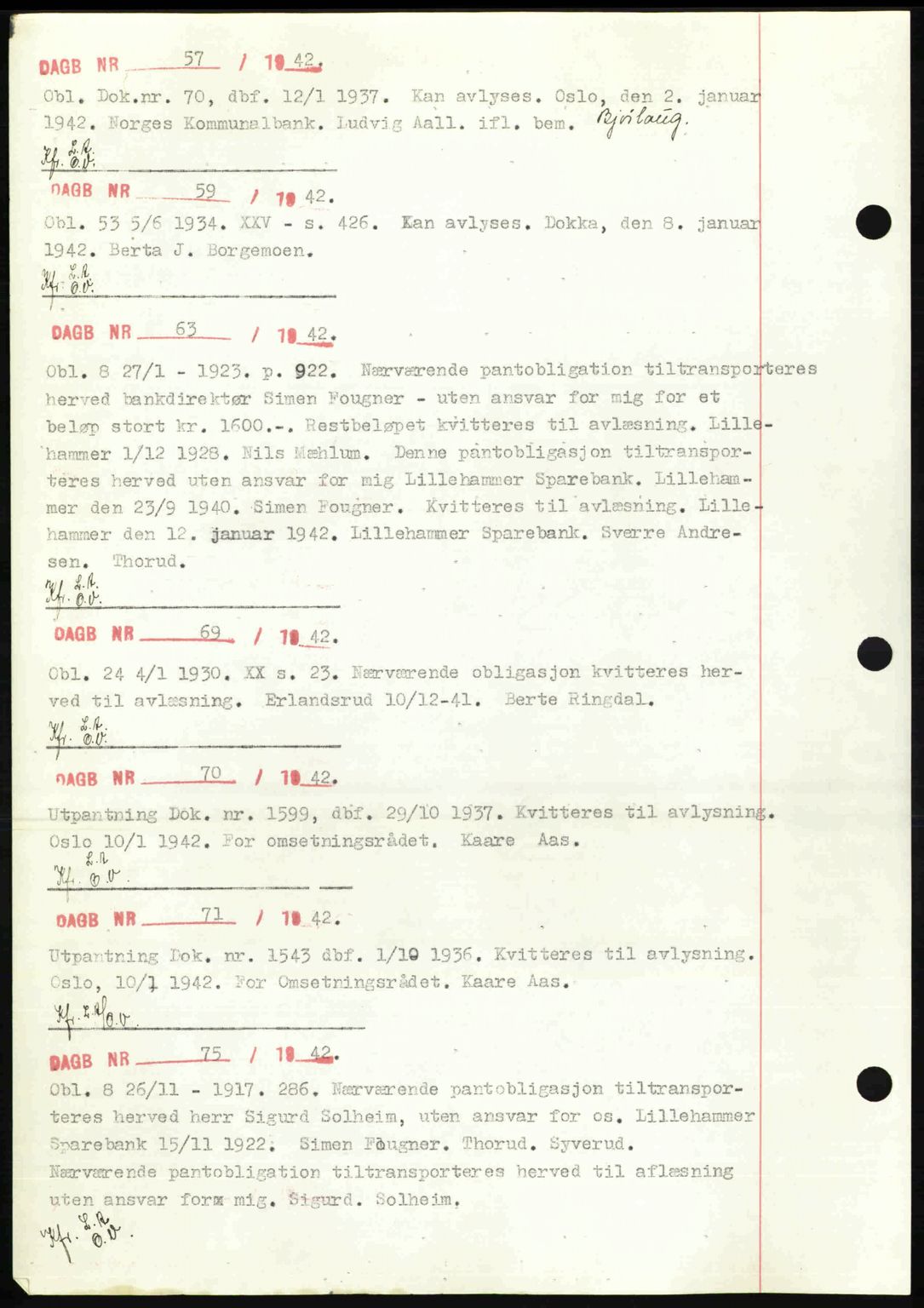 Sør-Gudbrandsdal tingrett, SAH/TING-004/H/Hb/Hbf/L0002: Mortgage book no. C1, 1938-1951, Diary no: : 57/1942