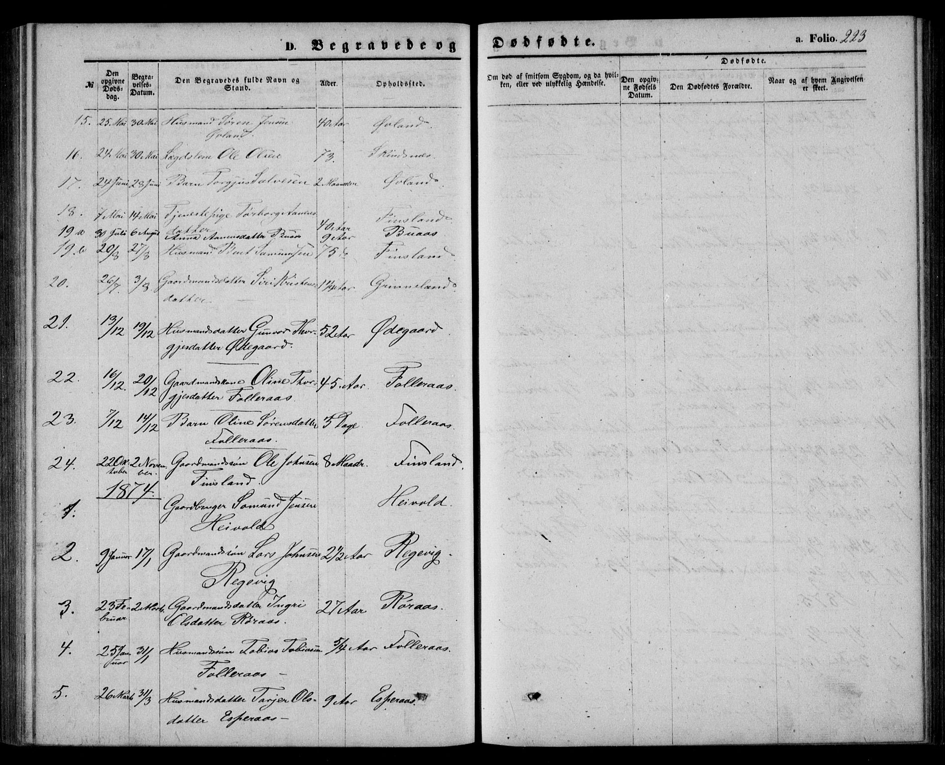 Bjelland sokneprestkontor, AV/SAK-1111-0005/F/Fb/Fbb/L0004: Parish register (copy) no. B 4, 1867-1887, p. 223