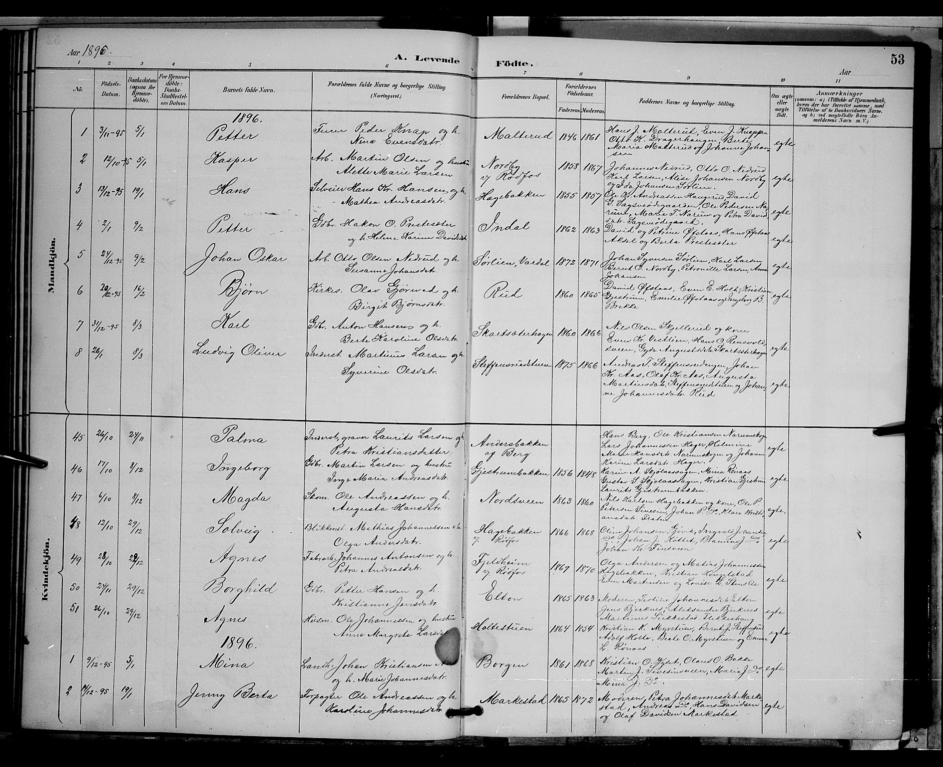 Vestre Toten prestekontor, SAH/PREST-108/H/Ha/Hab/L0009: Parish register (copy) no. 9, 1888-1900, p. 53