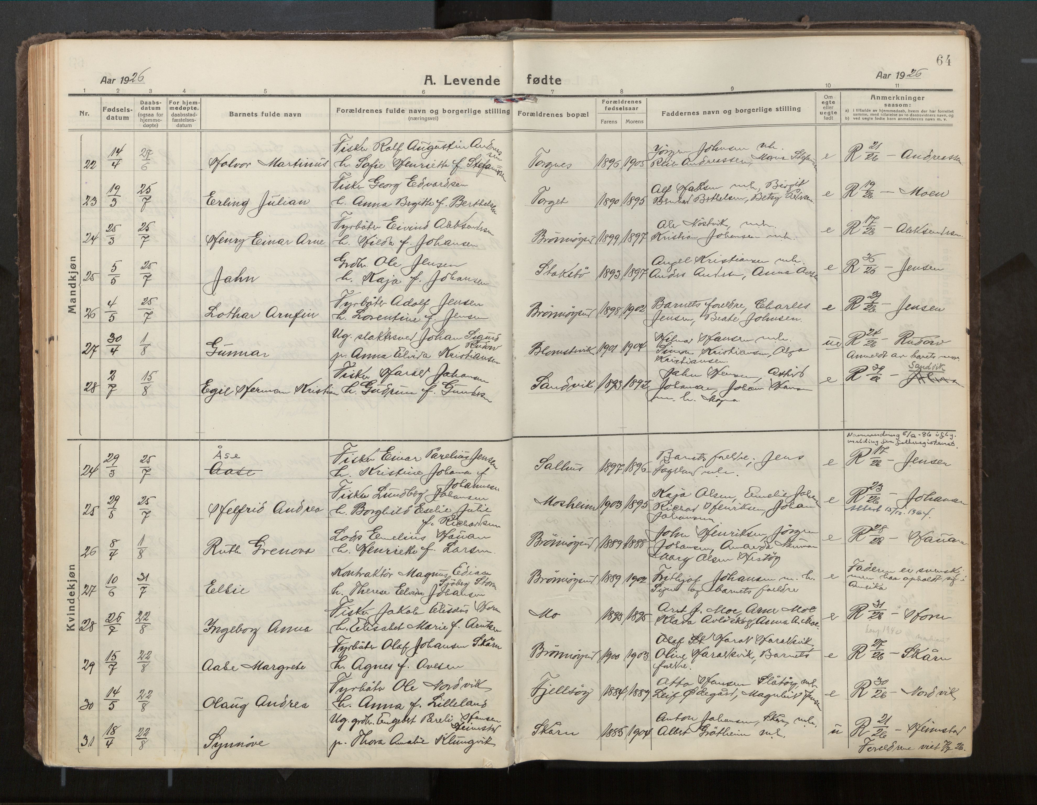 Ministerialprotokoller, klokkerbøker og fødselsregistre - Nordland, AV/SAT-A-1459/813/L0207a: Parish register (official) no. 813A18, 1919-1927, p. 64