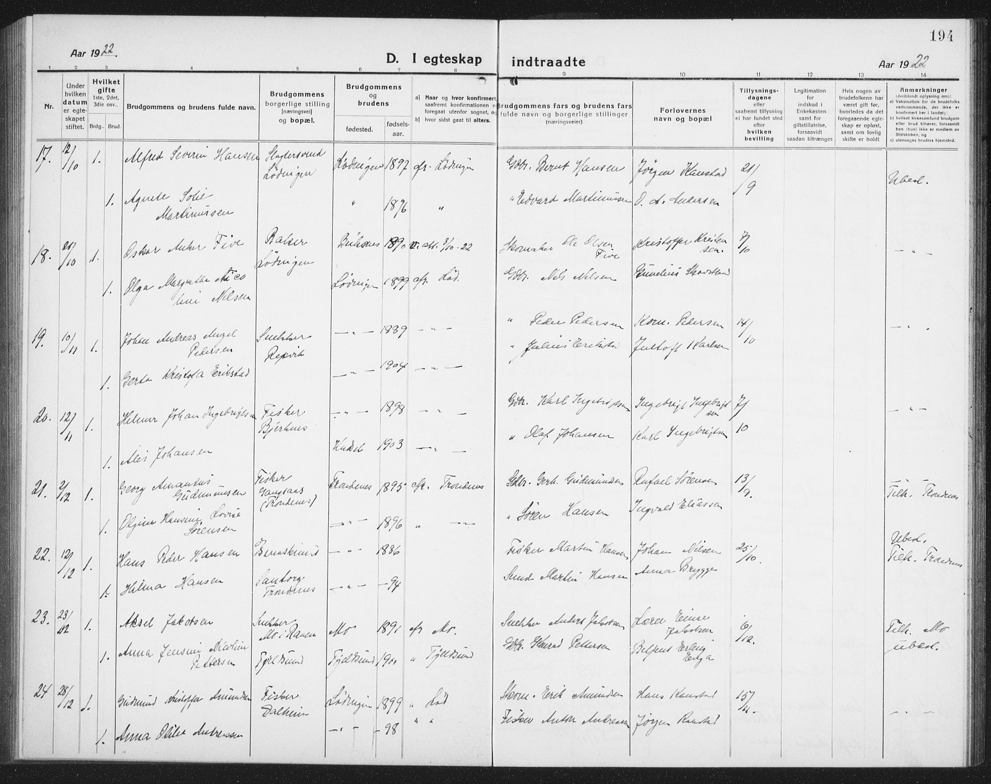 Ministerialprotokoller, klokkerbøker og fødselsregistre - Nordland, AV/SAT-A-1459/872/L1049: Parish register (copy) no. 872C05, 1920-1938, p. 194