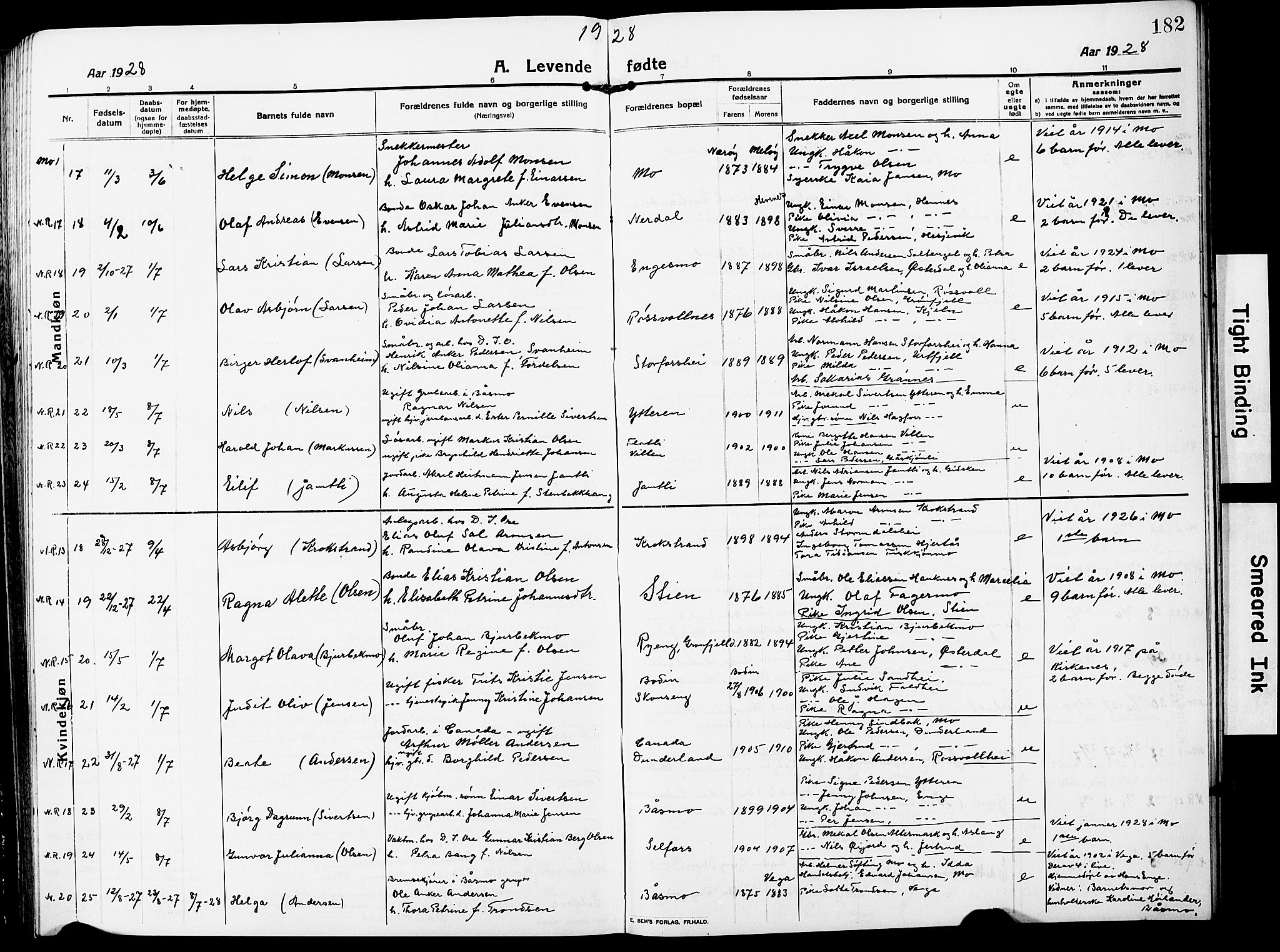 Ministerialprotokoller, klokkerbøker og fødselsregistre - Nordland, AV/SAT-A-1459/827/L0423: Parish register (copy) no. 827C12, 1912-1930, p. 182