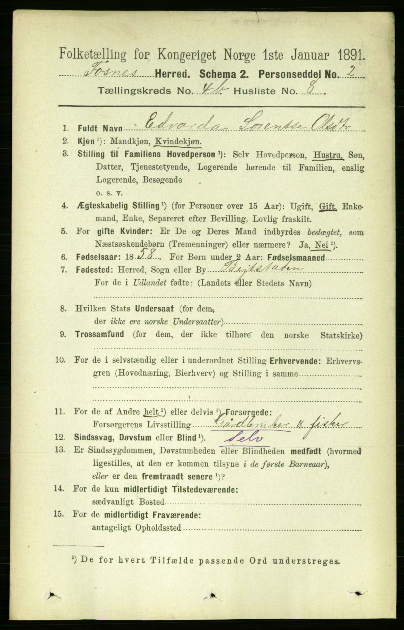 RA, 1891 census for 1748 Fosnes, 1891, p. 1758