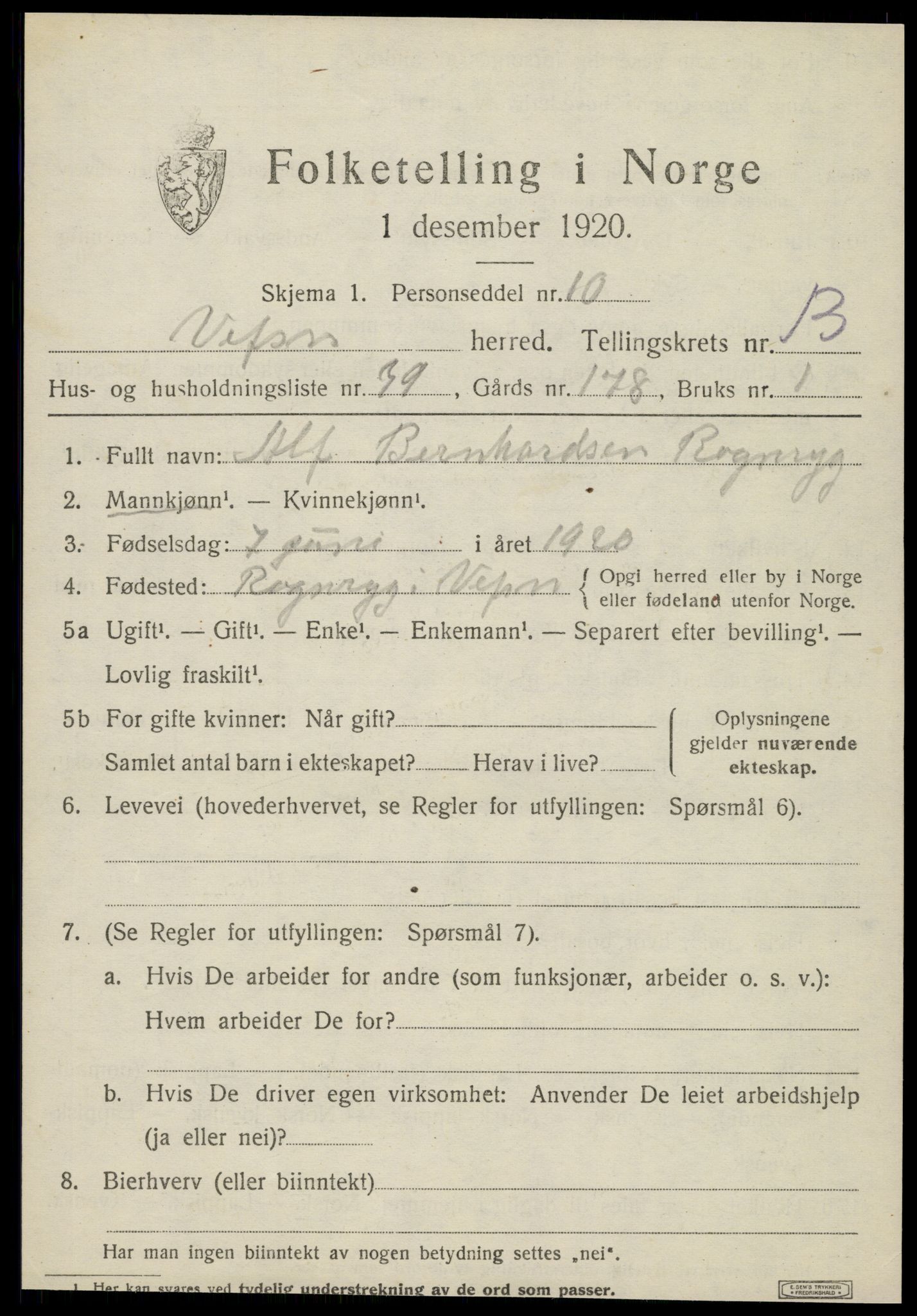 SAT, 1920 census for Vefsn, 1920, p. 10631