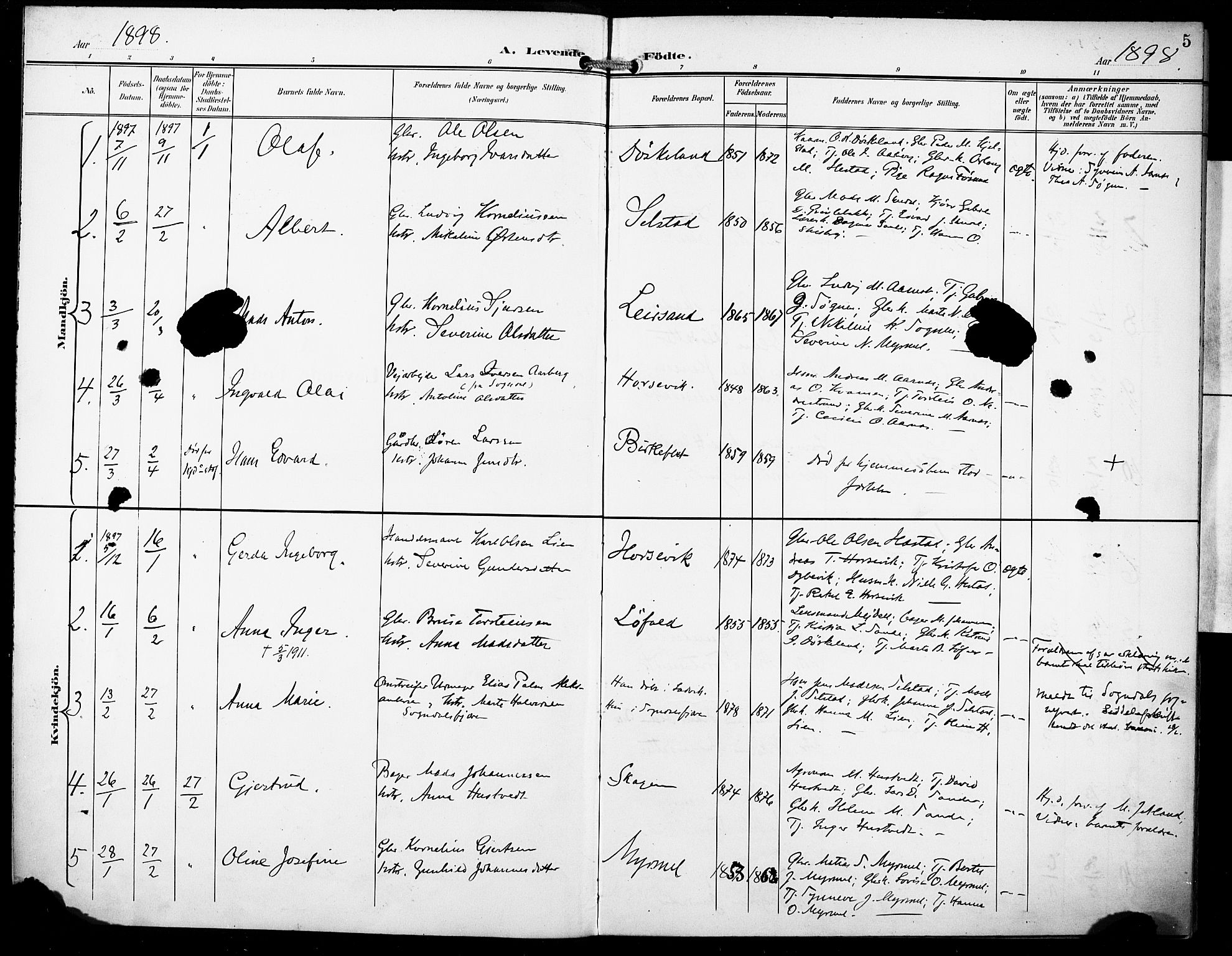 Gaular sokneprestembete, SAB/A-80001/H/Haa: Parish register (official) no. B 2, 1898-1911, p. 5