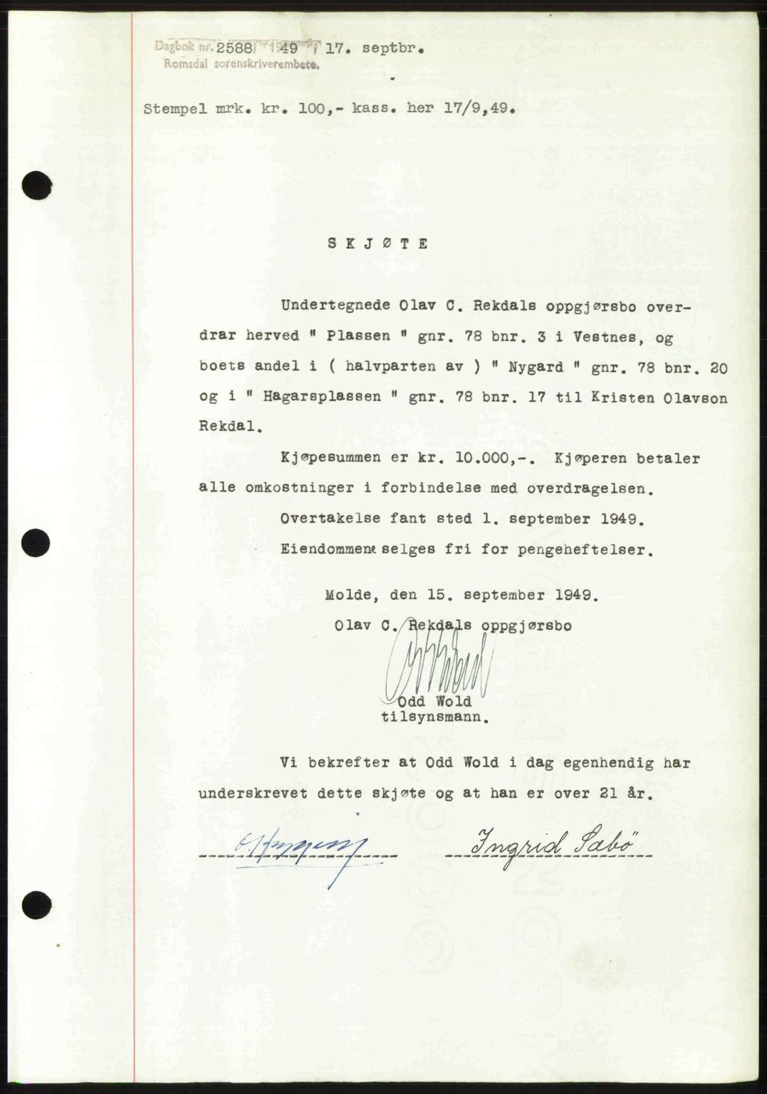 Romsdal sorenskriveri, AV/SAT-A-4149/1/2/2C: Mortgage book no. A31, 1949-1949, Diary no: : 2588/1949