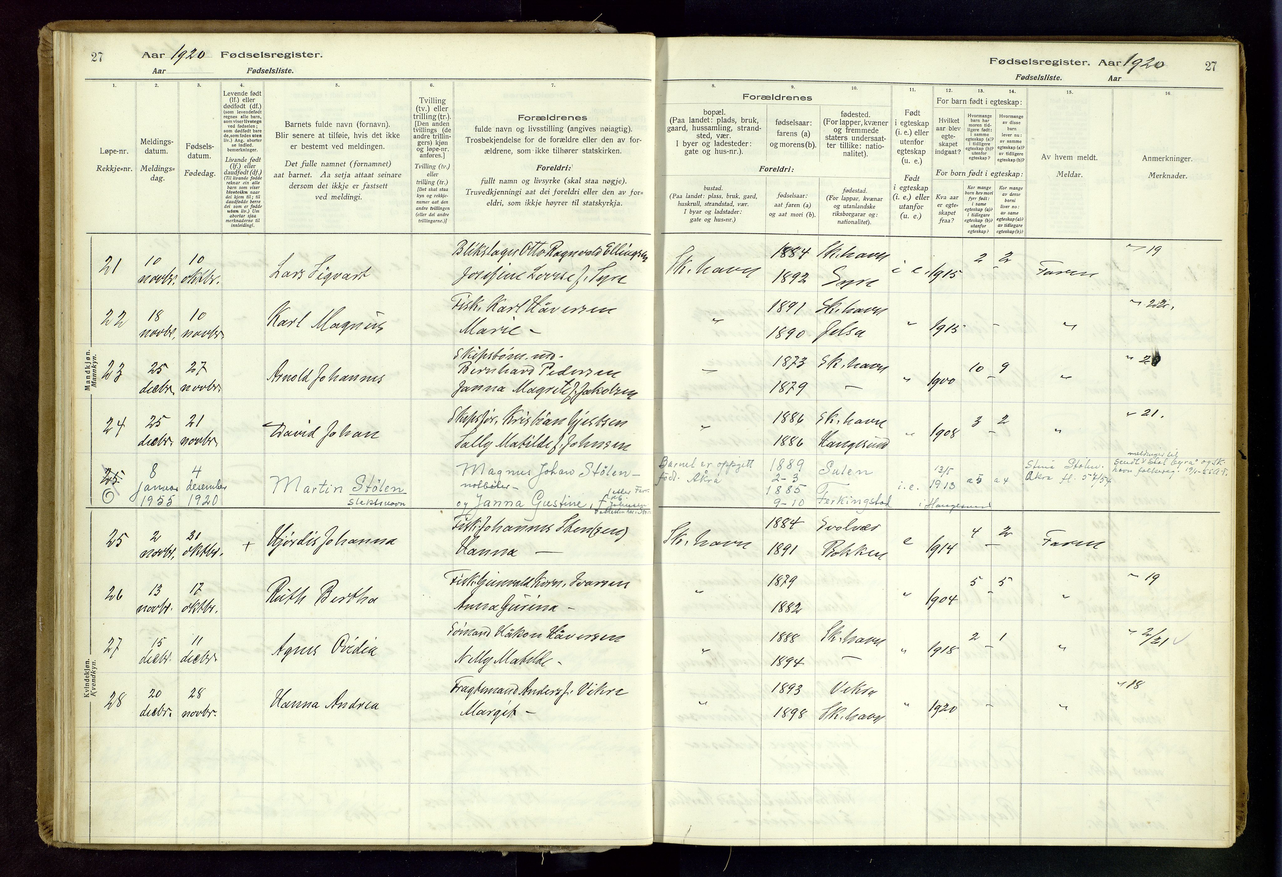 Skudenes sokneprestkontor, SAST/A -101849/I/Id/L0003: Birth register no. 3, 1916-1964, p. 27