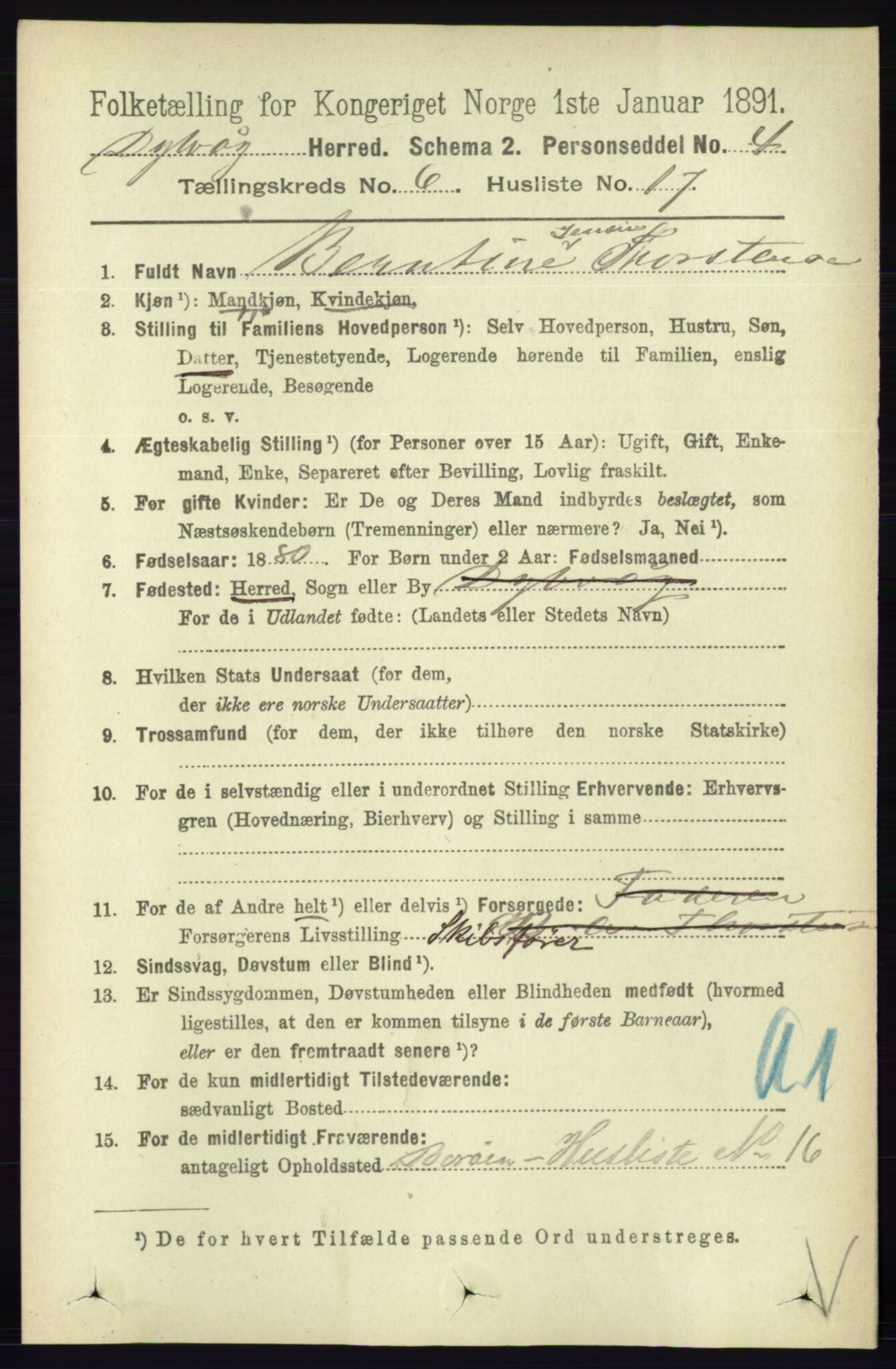 RA, 1891 census for 0915 Dypvåg, 1891, p. 1879