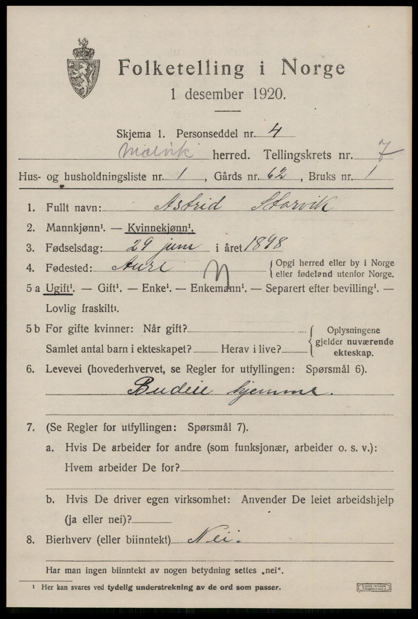 SAT, 1920 census for Malvik, 1920, p. 7222