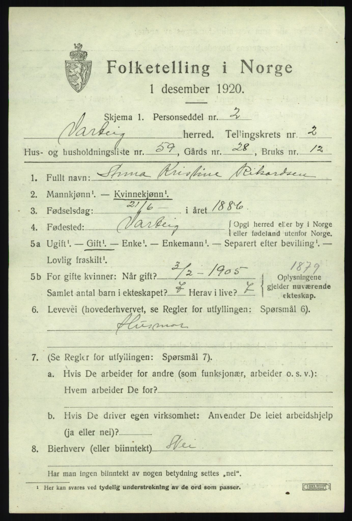 SAO, 1920 census for Varteig, 1920, p. 1817