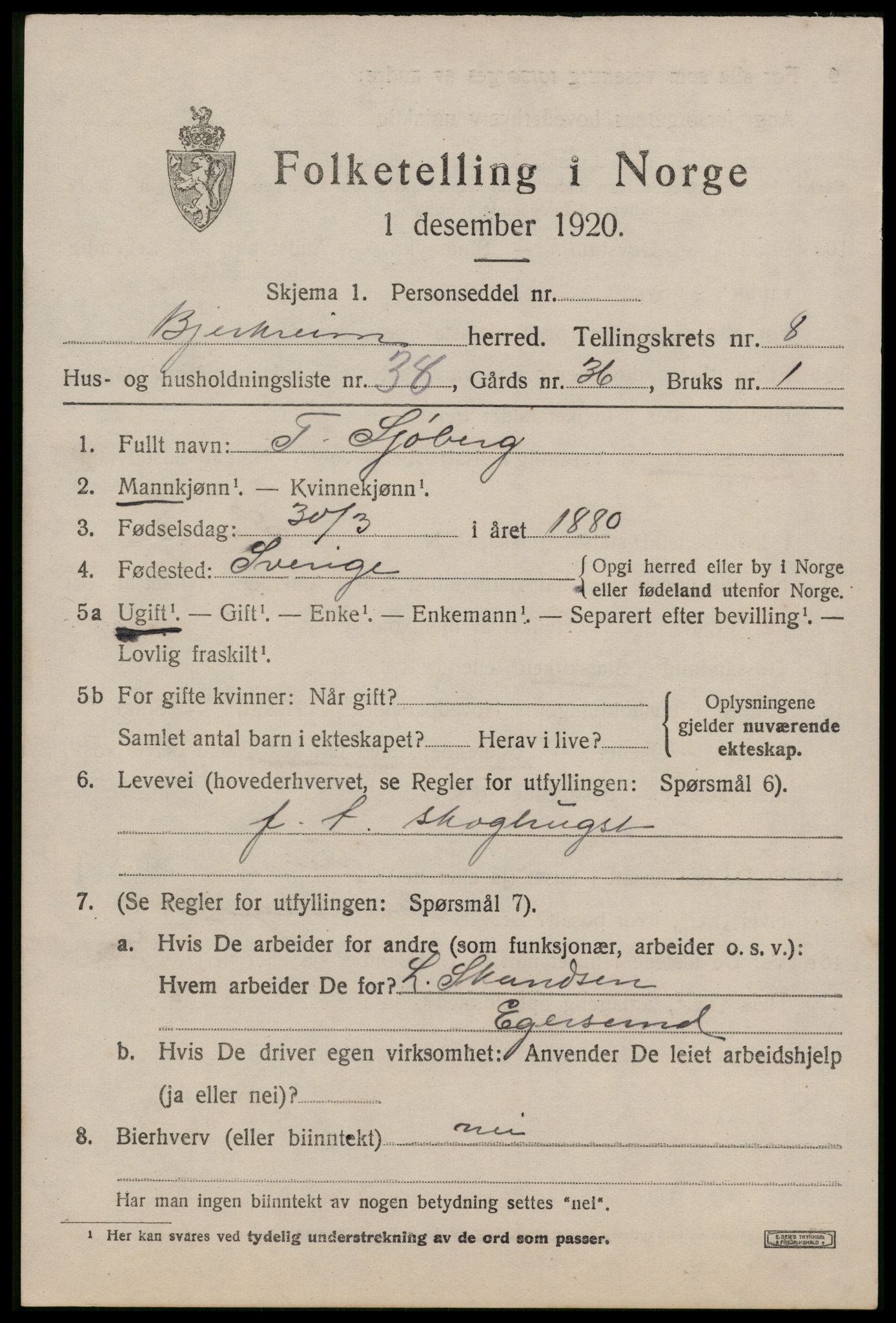 SAST, 1920 census for Bjerkreim, 1920, p. 3056