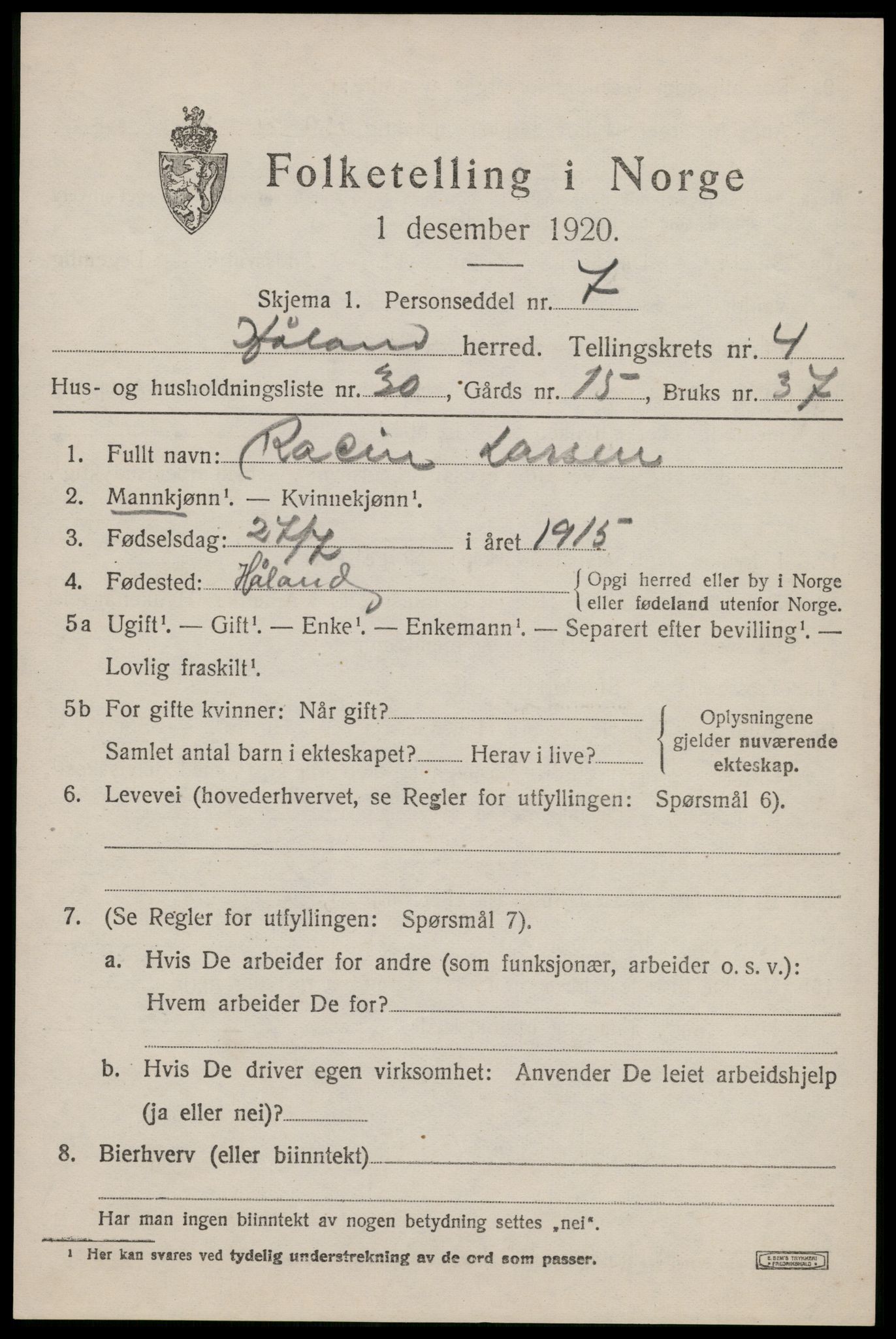 SAST, 1920 census for Håland, 1920, p. 3997