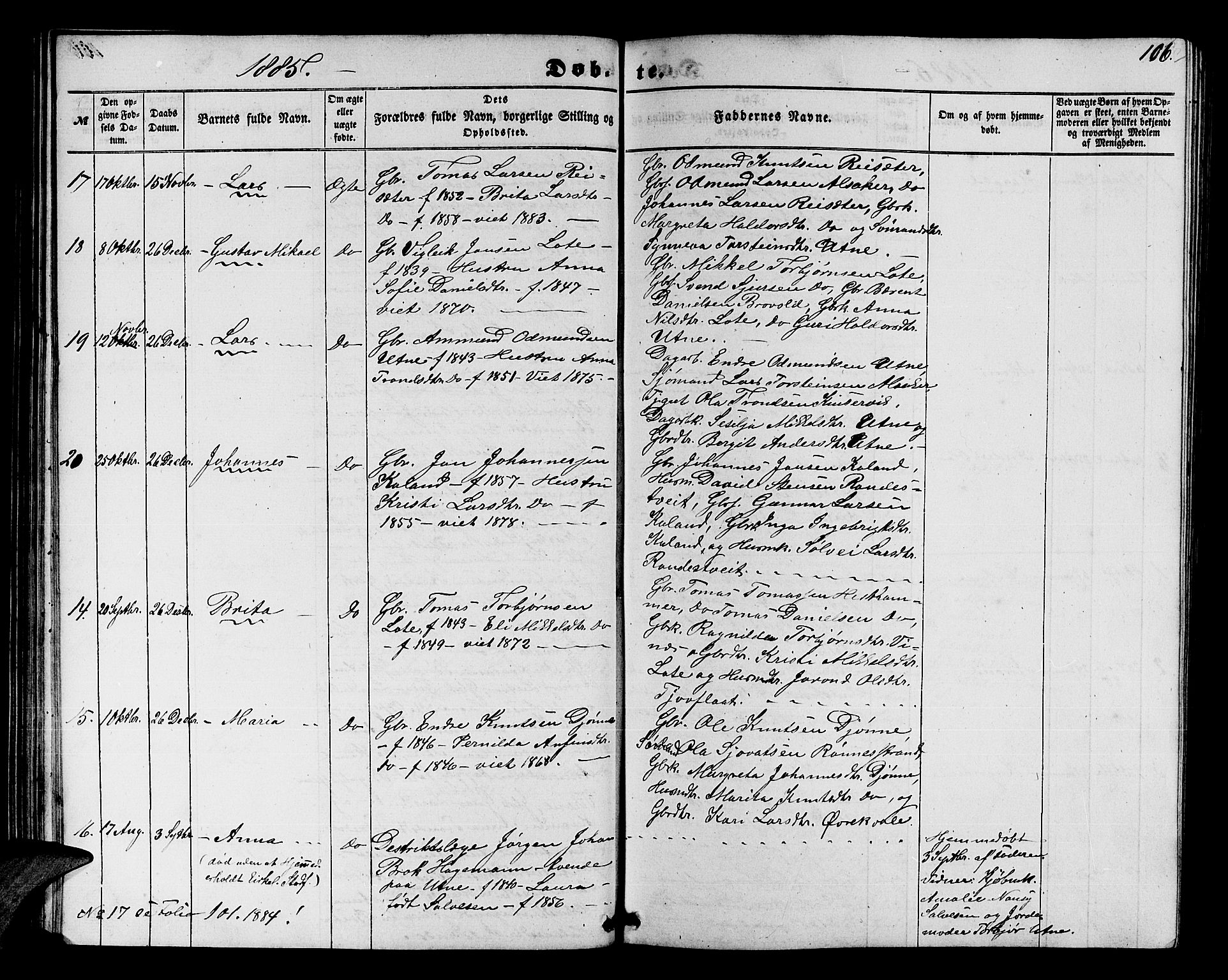 Ullensvang sokneprestembete, SAB/A-78701/H/Hab: Parish register (copy) no. E 6, 1857-1886, p. 106