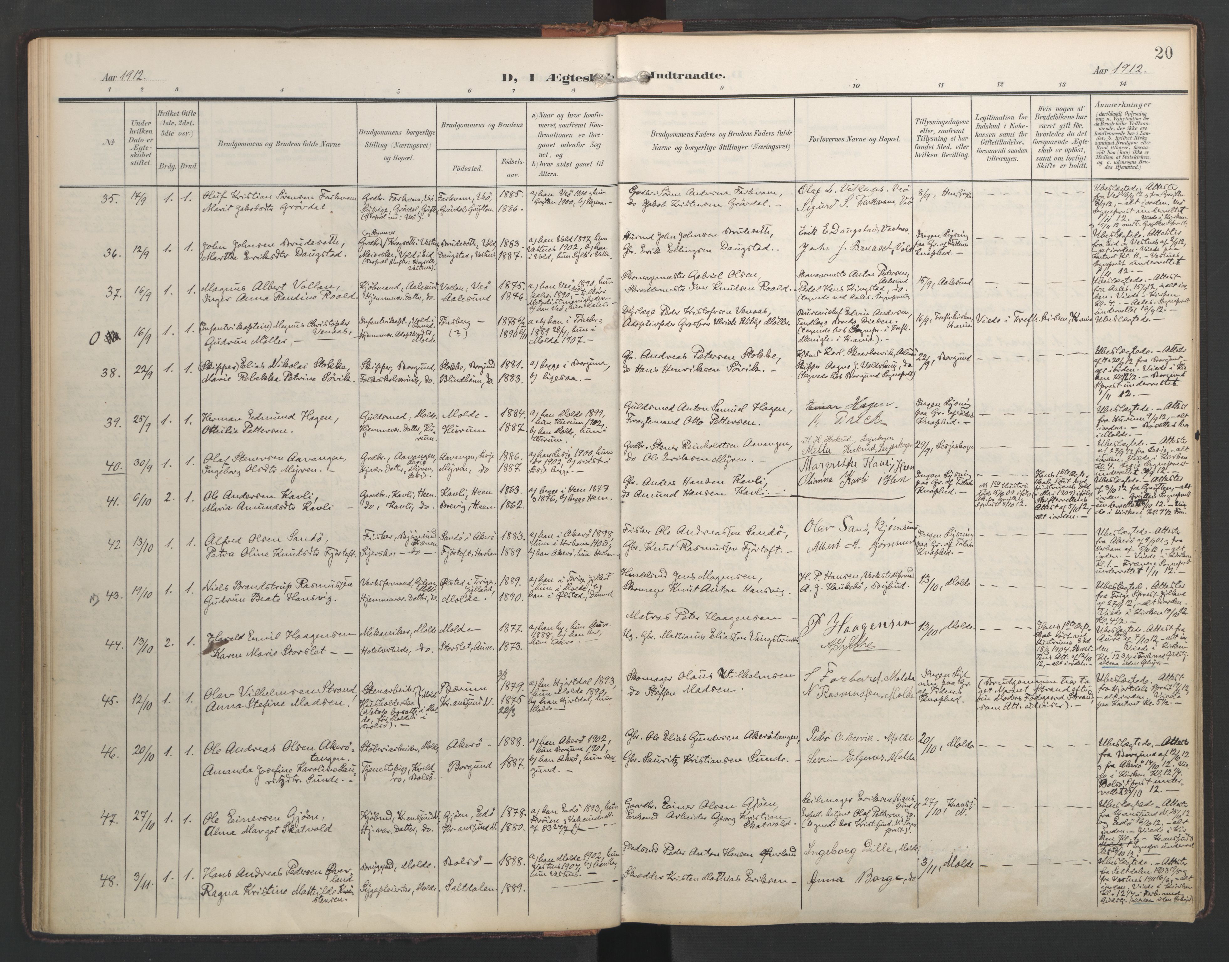 Ministerialprotokoller, klokkerbøker og fødselsregistre - Møre og Romsdal, AV/SAT-A-1454/558/L0694: Parish register (official) no. 558A08, 1907-1922, p. 20