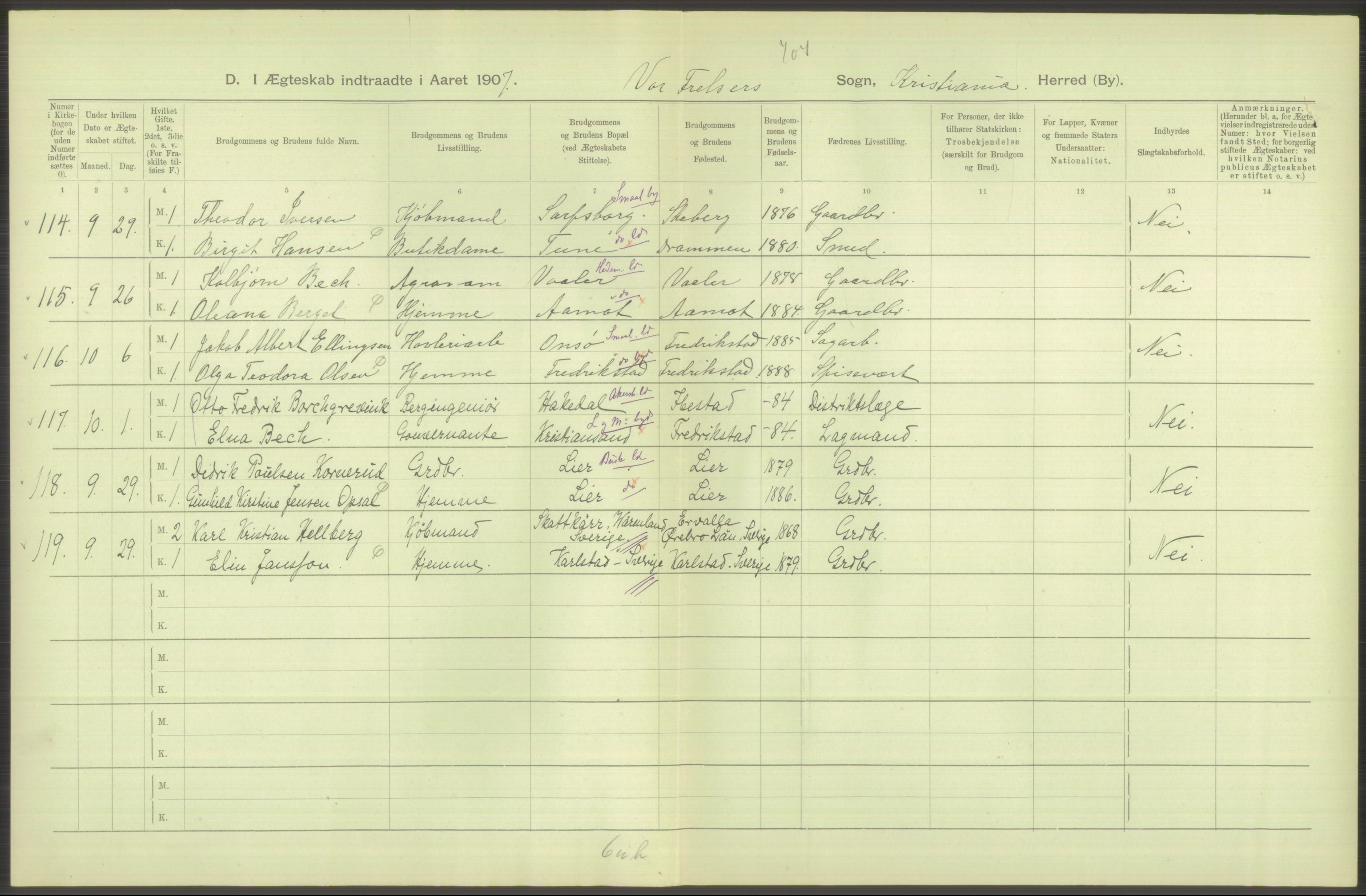 Statistisk sentralbyrå, Sosiodemografiske emner, Befolkning, AV/RA-S-2228/D/Df/Dfa/Dfae/L0008: Kristiania: Gifte, 1907, p. 286