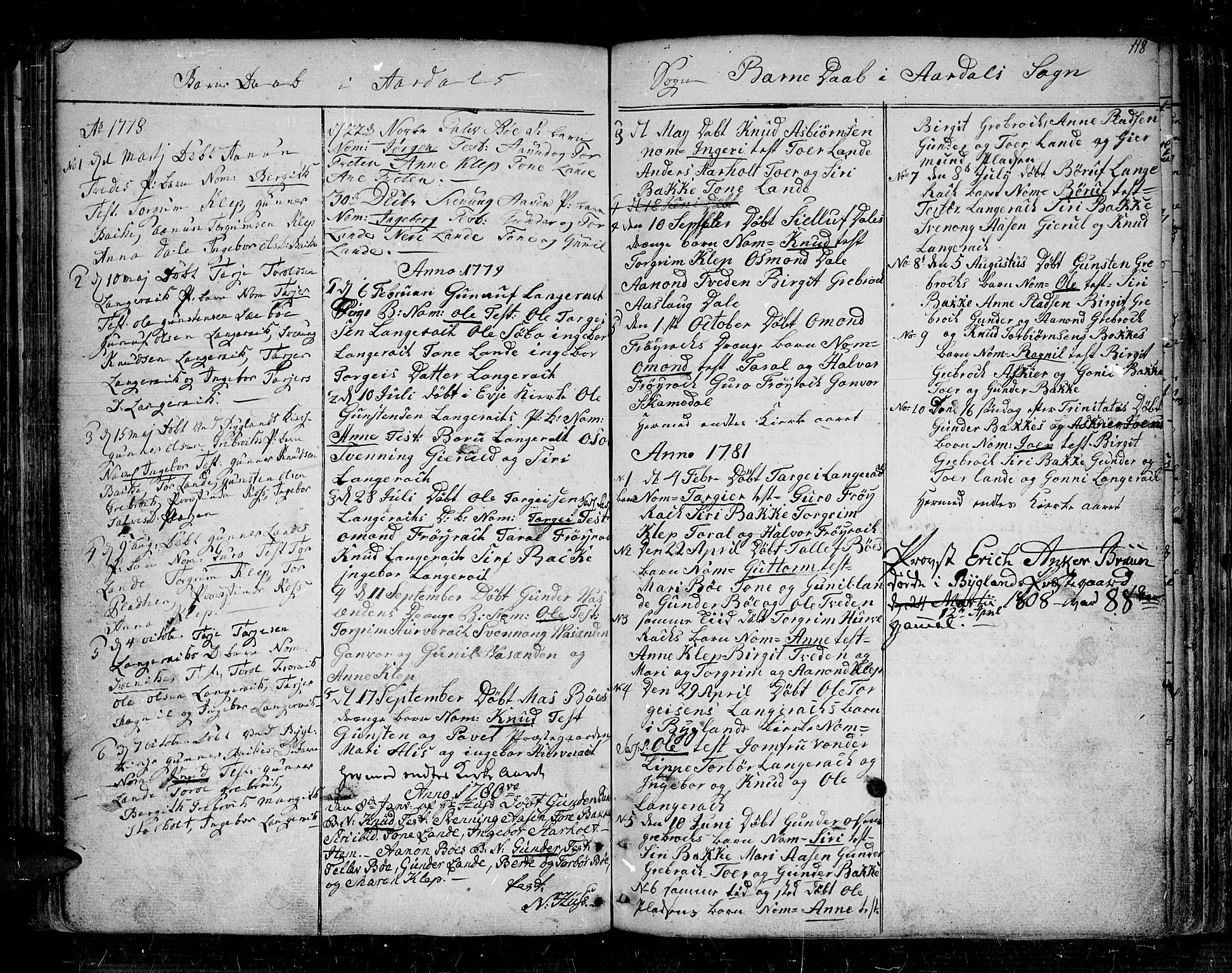 Bygland sokneprestkontor, SAK/1111-0006/F/Fa/Fab/L0002: Parish register (official) no. A 2, 1766-1816, p. 118
