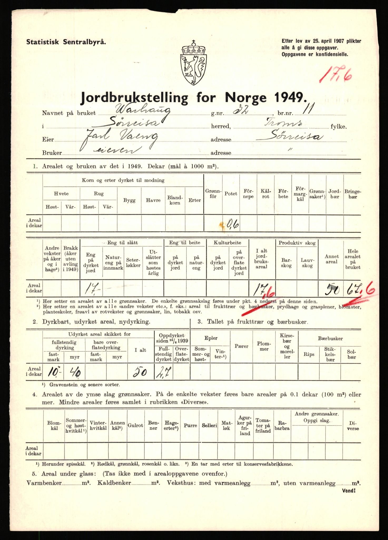 Statistisk sentralbyrå, Næringsøkonomiske emner, Jordbruk, skogbruk, jakt, fiske og fangst, AV/RA-S-2234/G/Gc/L0440: Troms: Sørreisa og Dyrøy, 1949, p. 289