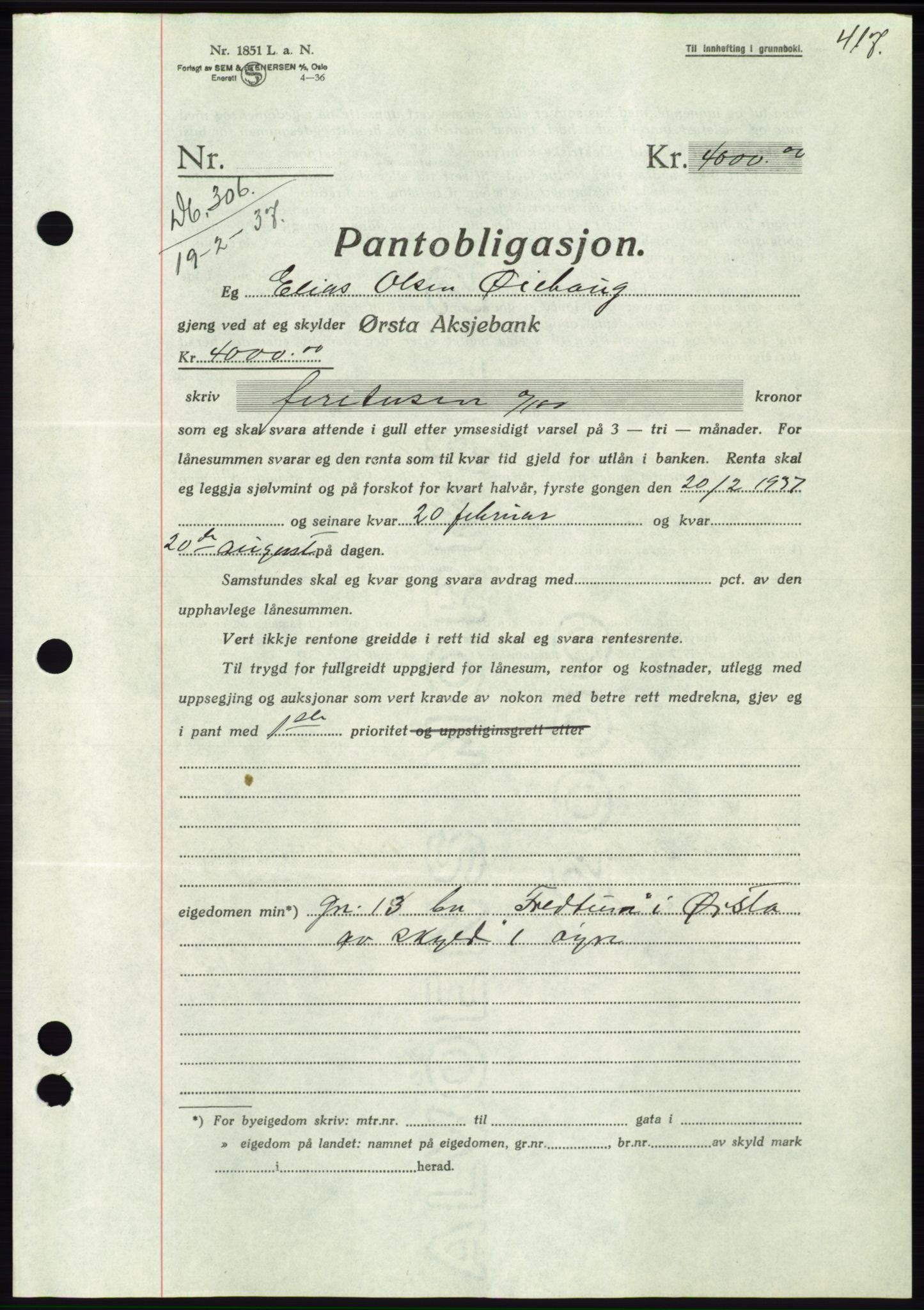 Søre Sunnmøre sorenskriveri, AV/SAT-A-4122/1/2/2C/L0062: Mortgage book no. 56, 1936-1937, Diary no: : 306/1937