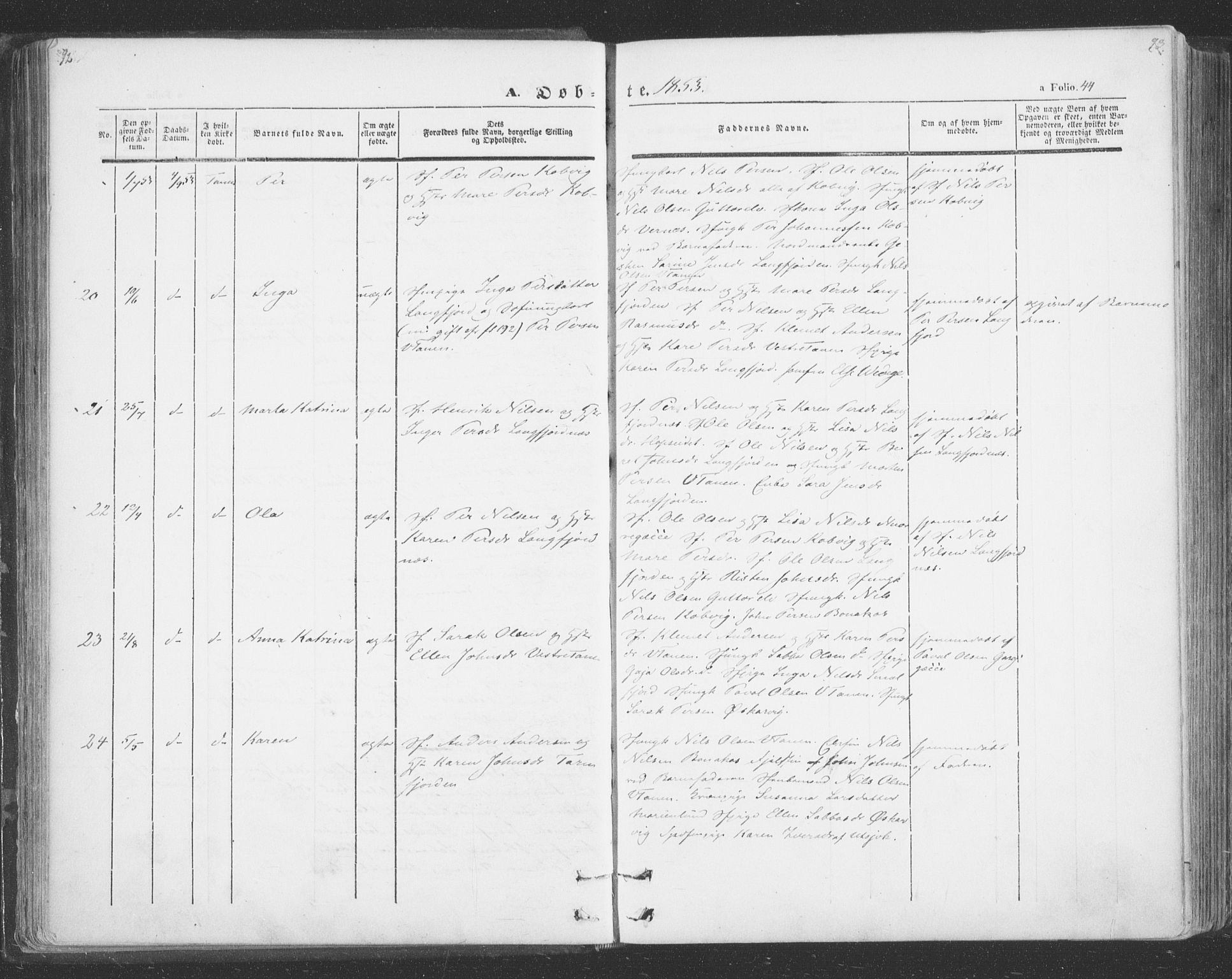 Tana sokneprestkontor, AV/SATØ-S-1334/H/Ha/L0001kirke: Parish register (official) no. 1, 1846-1861, p. 44