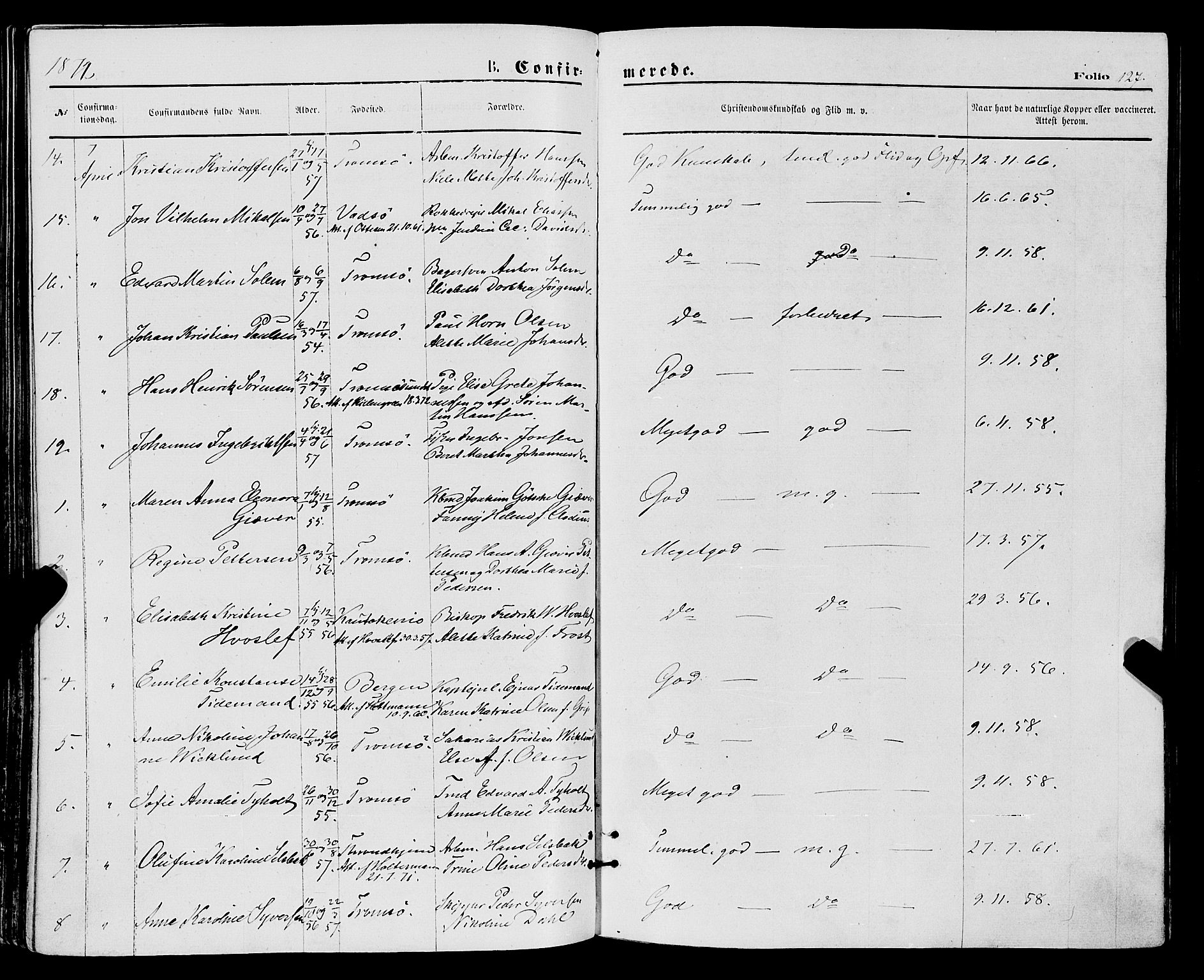 Tromsø sokneprestkontor/stiftsprosti/domprosti, SATØ/S-1343/G/Ga/L0013kirke: Parish register (official) no. 13, 1872-1877, p. 127