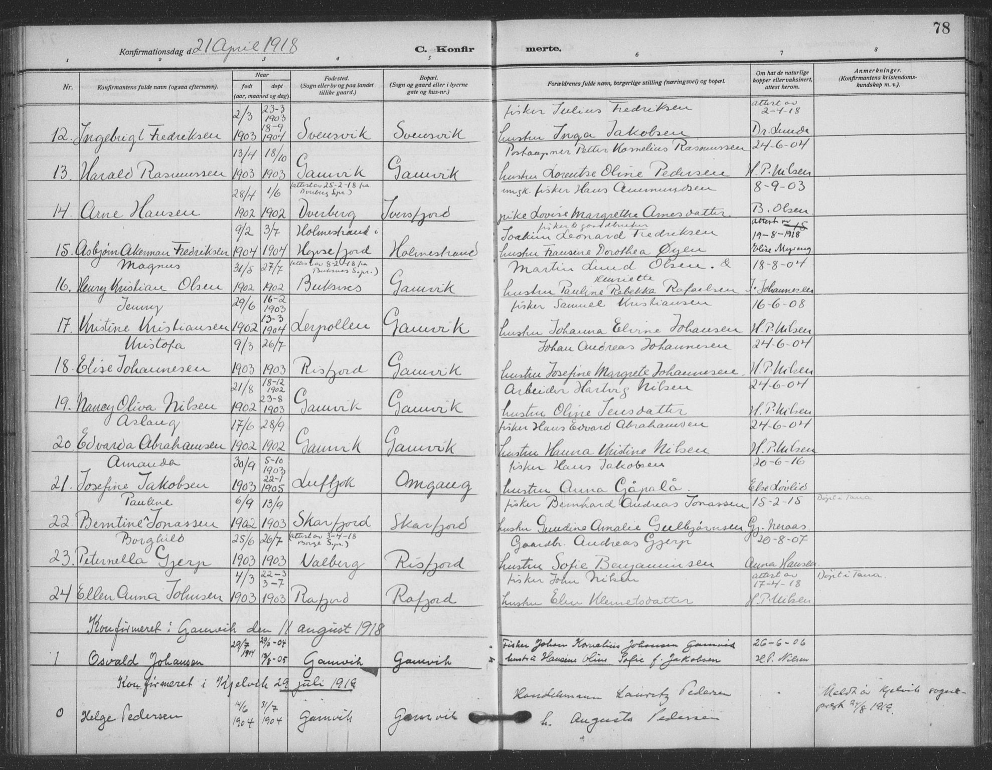 Tana sokneprestkontor, AV/SATØ-S-1334/H/Ha/L0008kirke: Parish register (official) no. 8, 1908-1920, p. 78