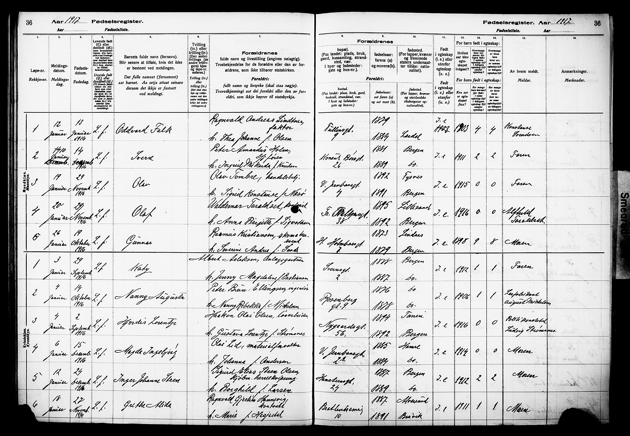 Johanneskirken sokneprestembete, SAB/A-76001/I/Id/L00A1: Birth register no. A 1, 1916-1924, p. 36