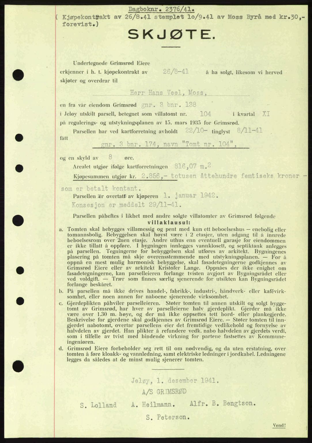 Moss sorenskriveri, AV/SAO-A-10168: Mortgage book no. A9, 1941-1942, Diary no: : 2376/1941