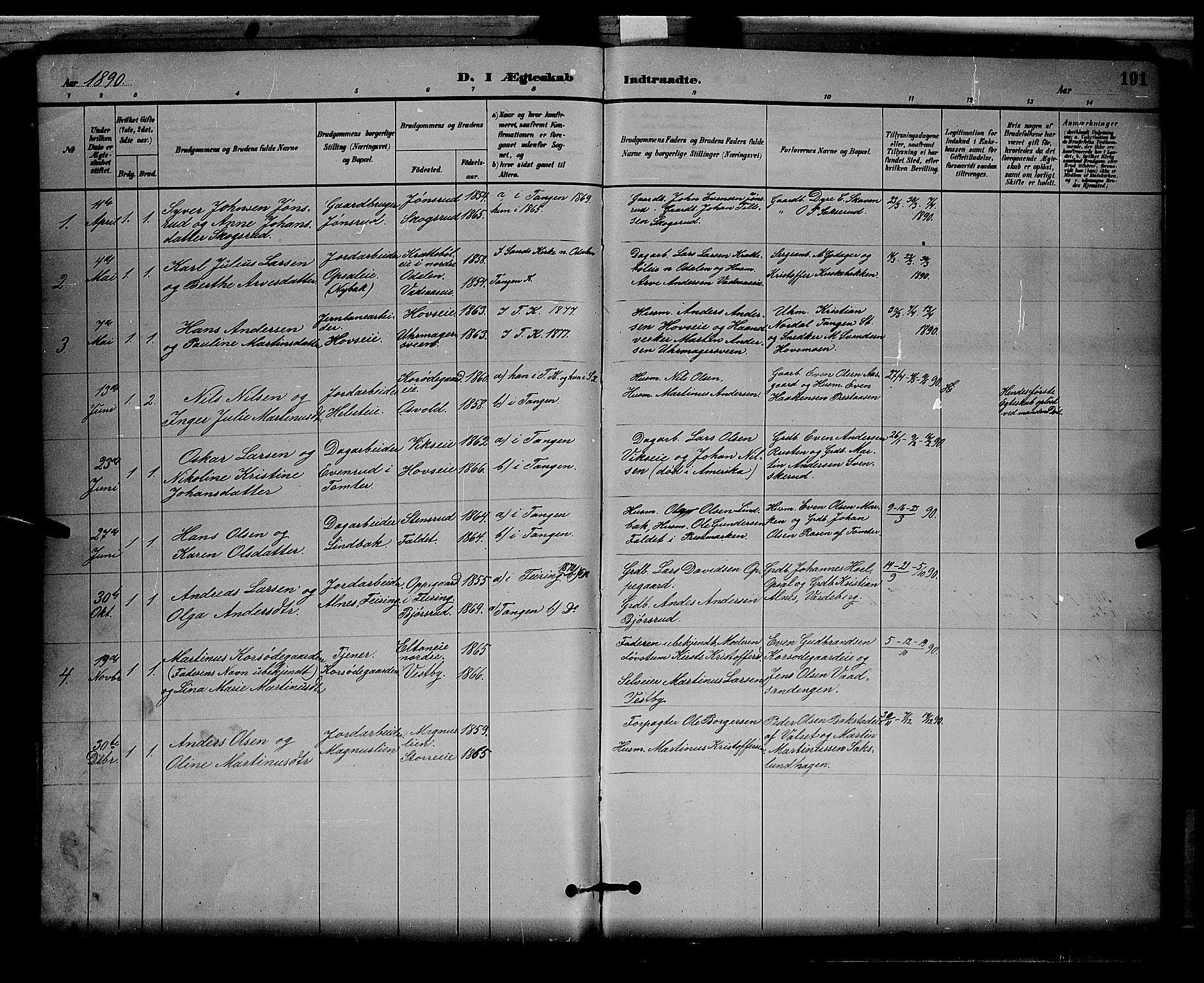 Stange prestekontor, SAH/PREST-002/L/L0008: Parish register (copy) no. 8, 1882-1895, p. 191