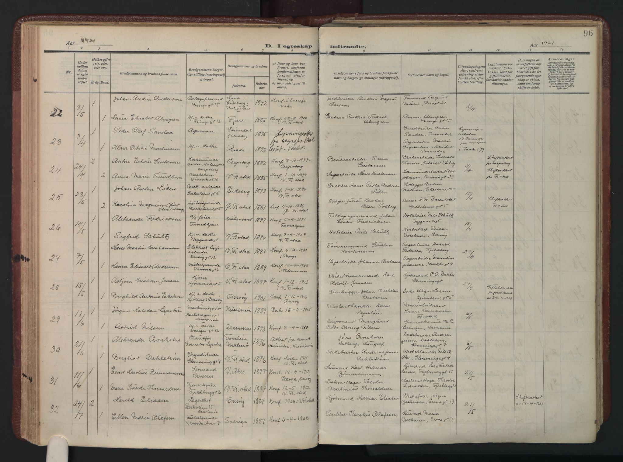 Fredrikstad domkirkes prestekontor Kirkebøker, AV/SAO-A-10906/F/Fa/L0009: Parish register (official) no. I 9, 1908-1946, p. 96